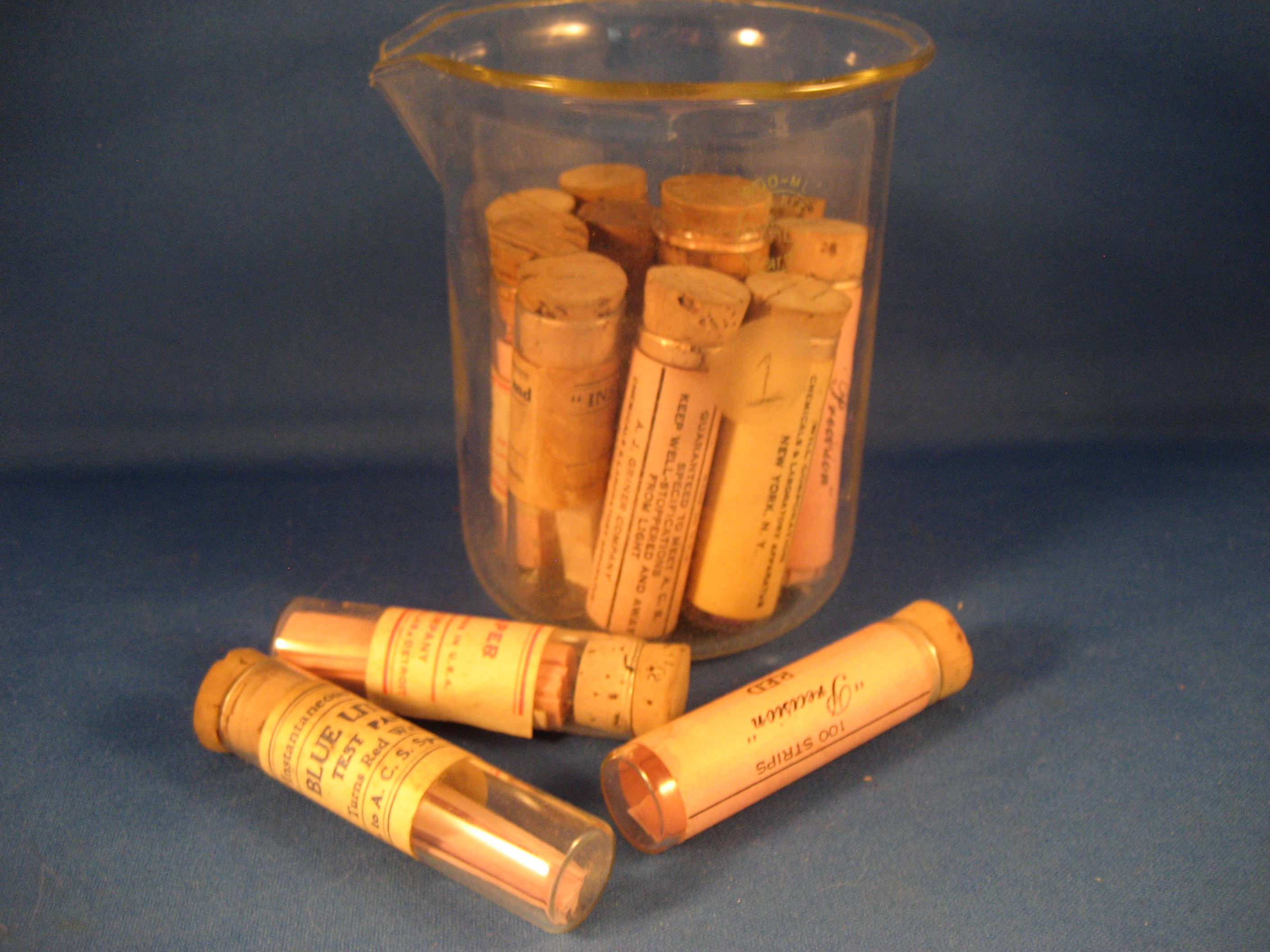 Thirteen Glass Tubes of Litmus Paper and Beaker