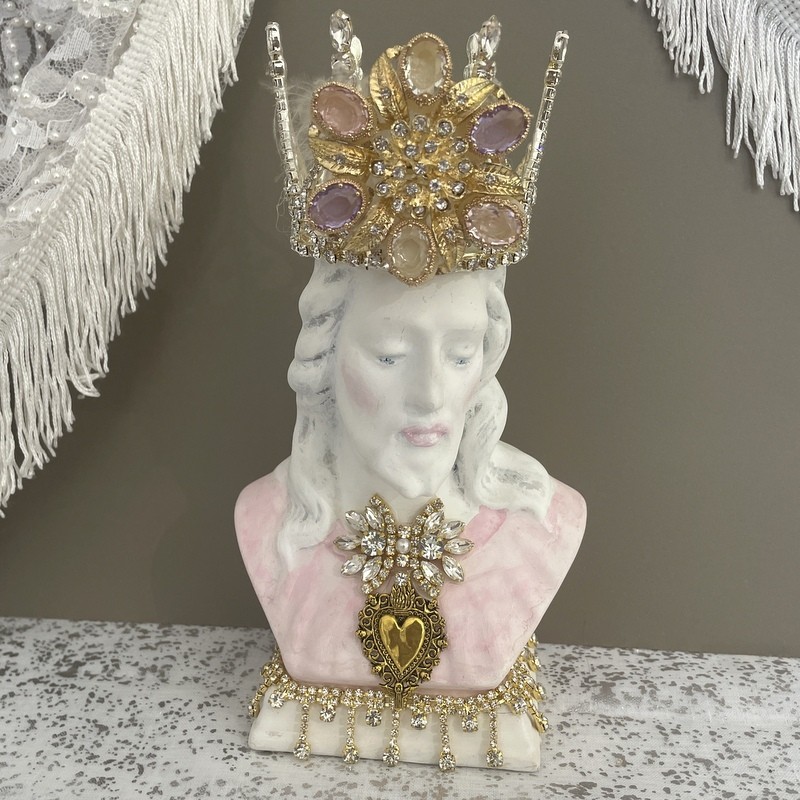 Vintage Sacred Heart of Jesus Catholic Statue, Jeweled Rhinestone Crown, Pastel Pink, Shabby Chic