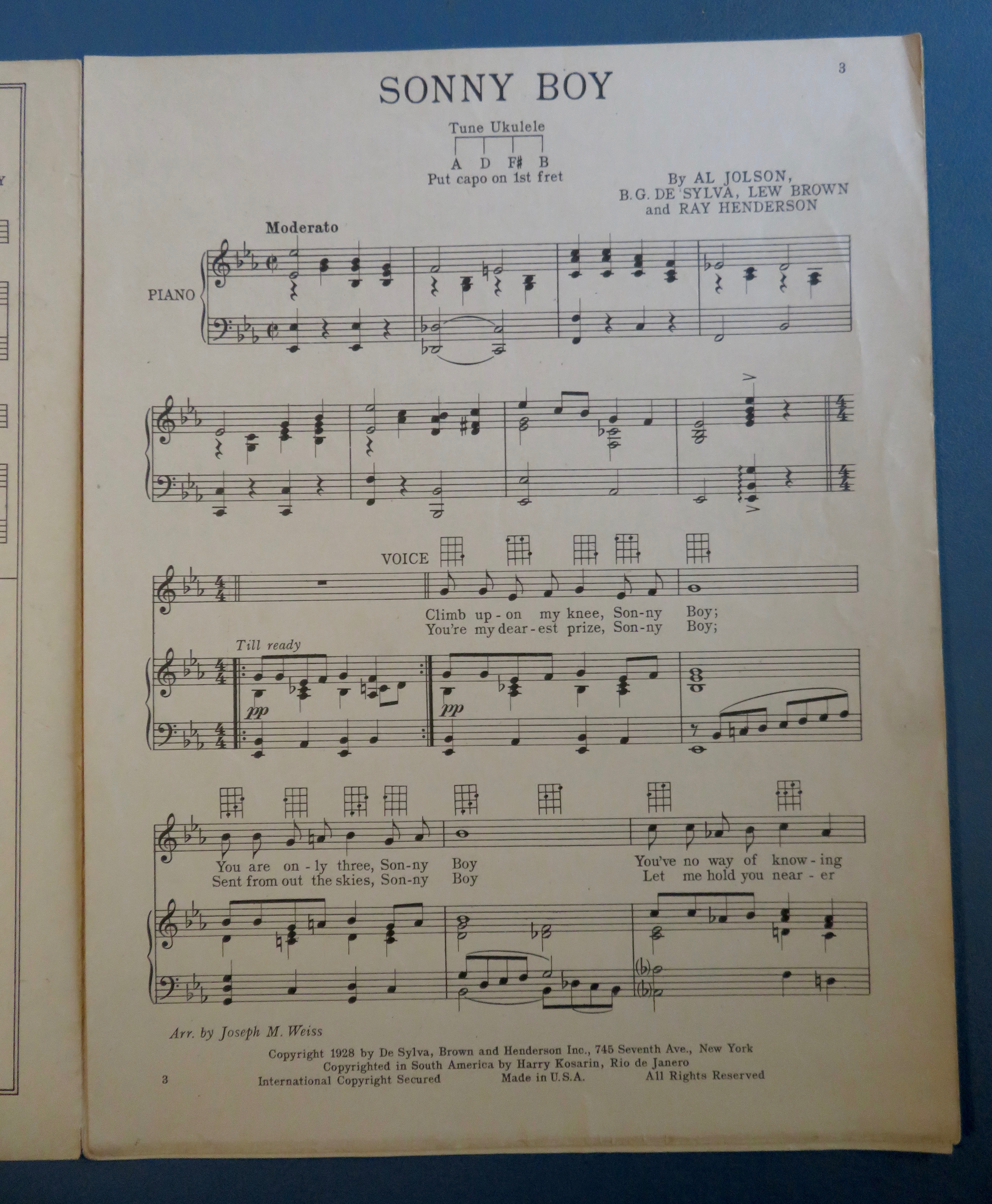 1928 Sonny Boy Sheet Music Al Jolson Cover