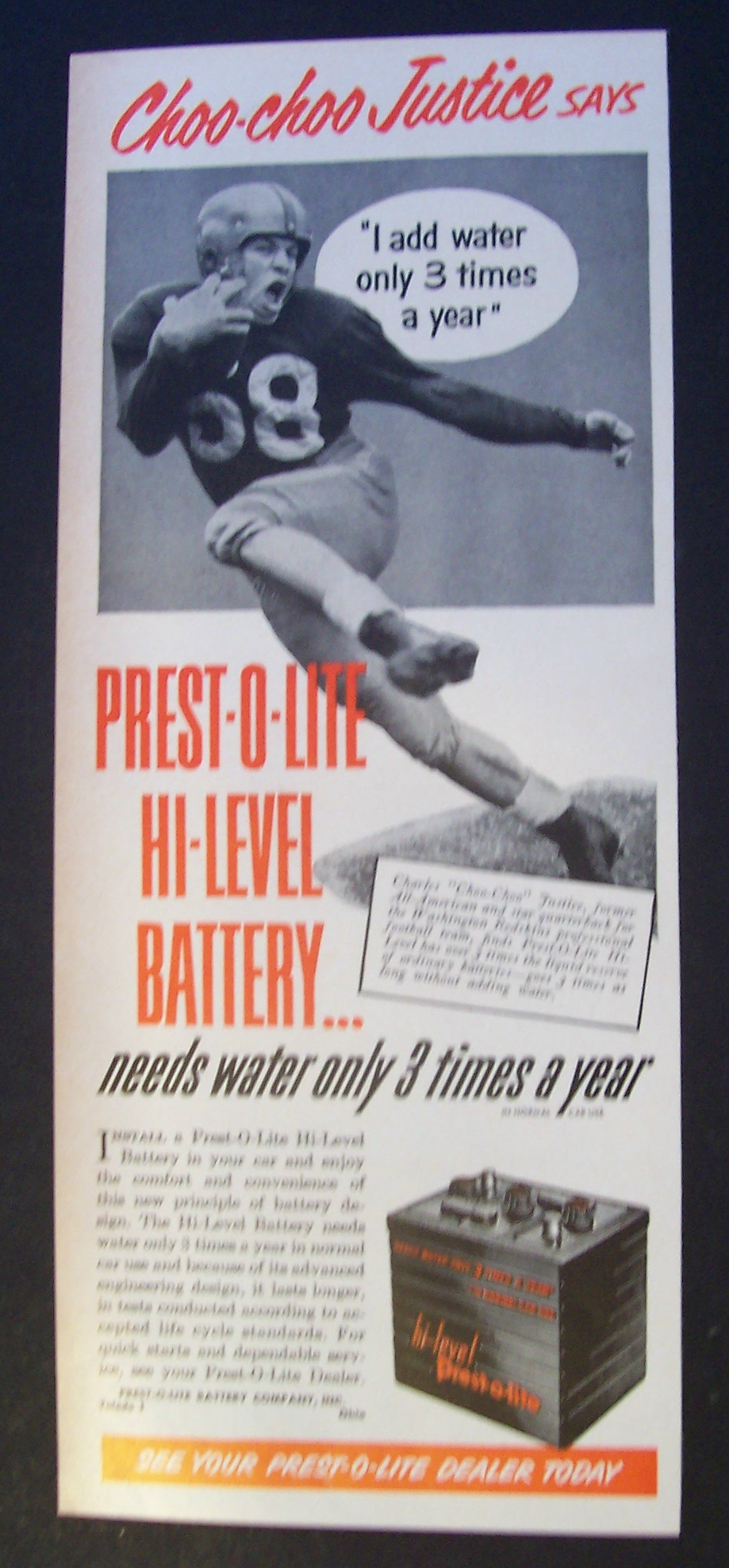 1951 Prest - O - Lite Battery with Choo - Choo Justice
