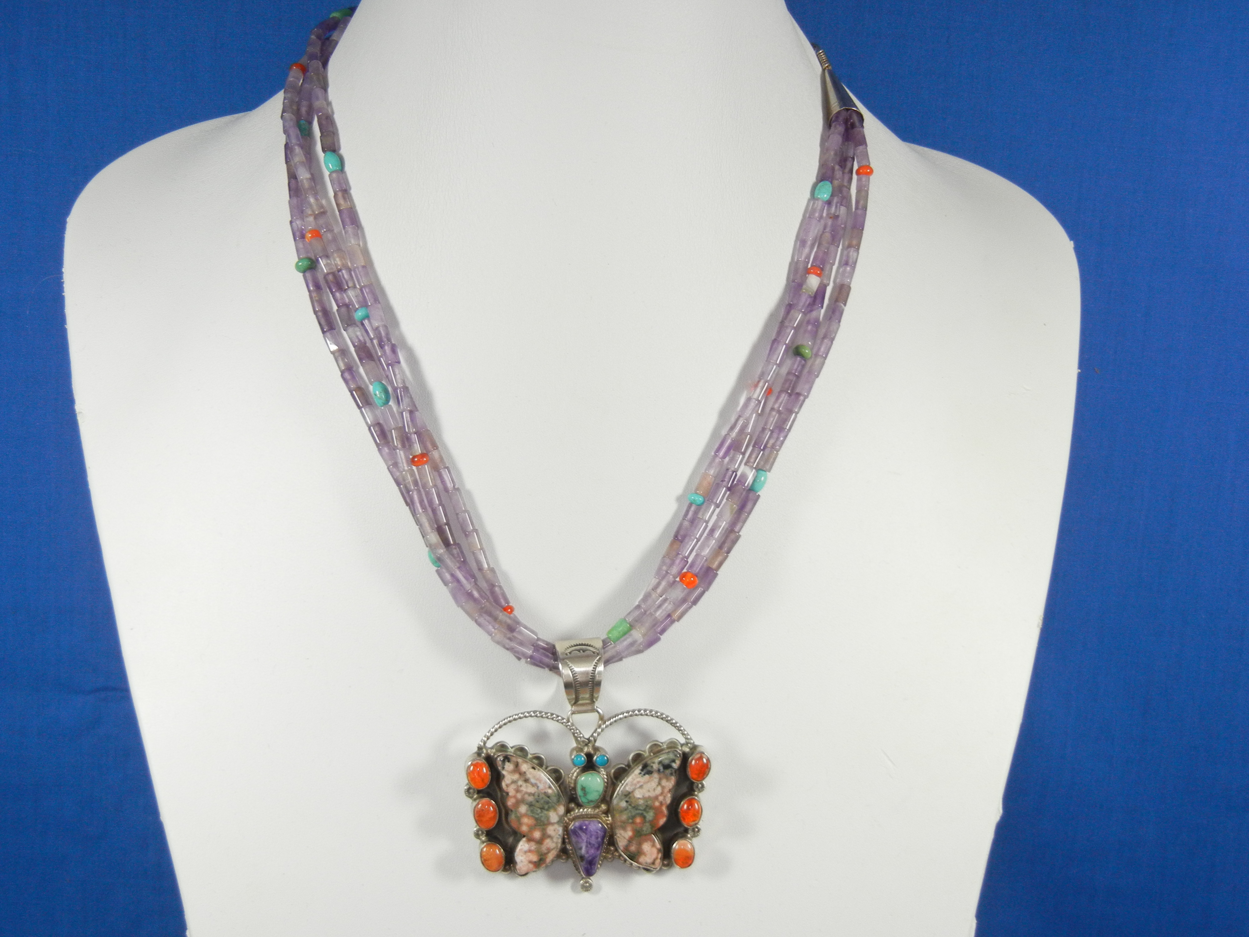 Navajo Amber Sugulite Turquoise Sterling Silver Necklac