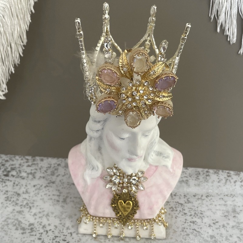 Vintage Sacred Heart of Jesus Catholic Statue, Jeweled Rhinestone Crown, Pastel Pink, Shabby Chic