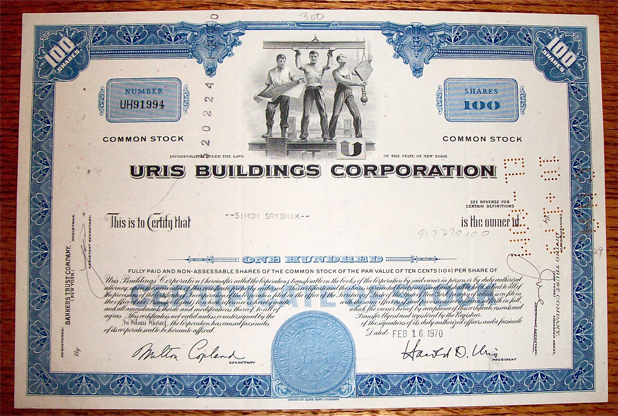 1970 Uris Buildings Corporation 100 Shares Stock
