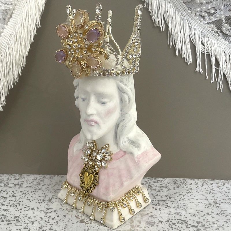 Vintage Sacred Heart of Jesus Catholic Statue, Jeweled Rhinestone Crown, Pastel Pink, Shabby Chic