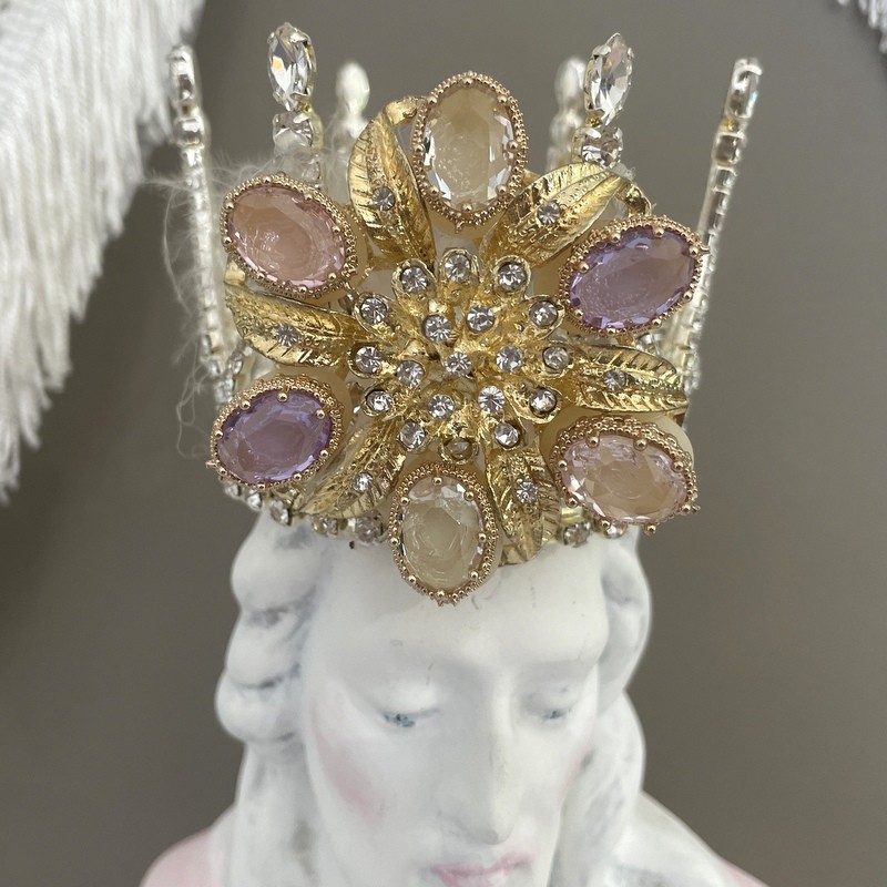 Vintage Sacred Heart of Jesus Catholic Statue, Jeweled Rhinestone Crown, Pastel Pink, Shabby Chic