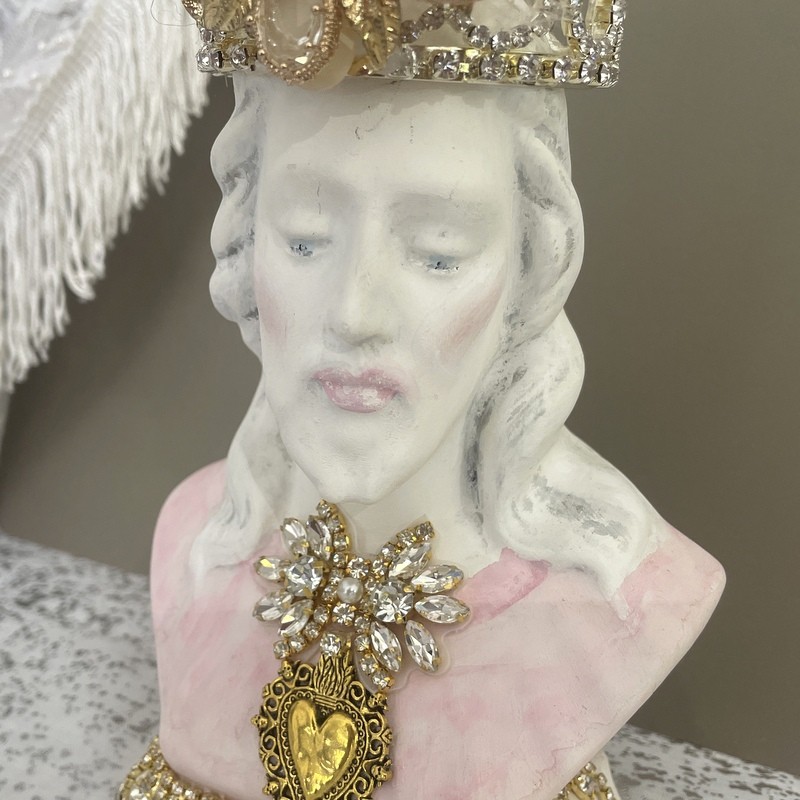 Vintage Sacred Heart of Jesus Catholic Statue, Jeweled Rhinestone Crown, Pastel Pink, Shabby Chic