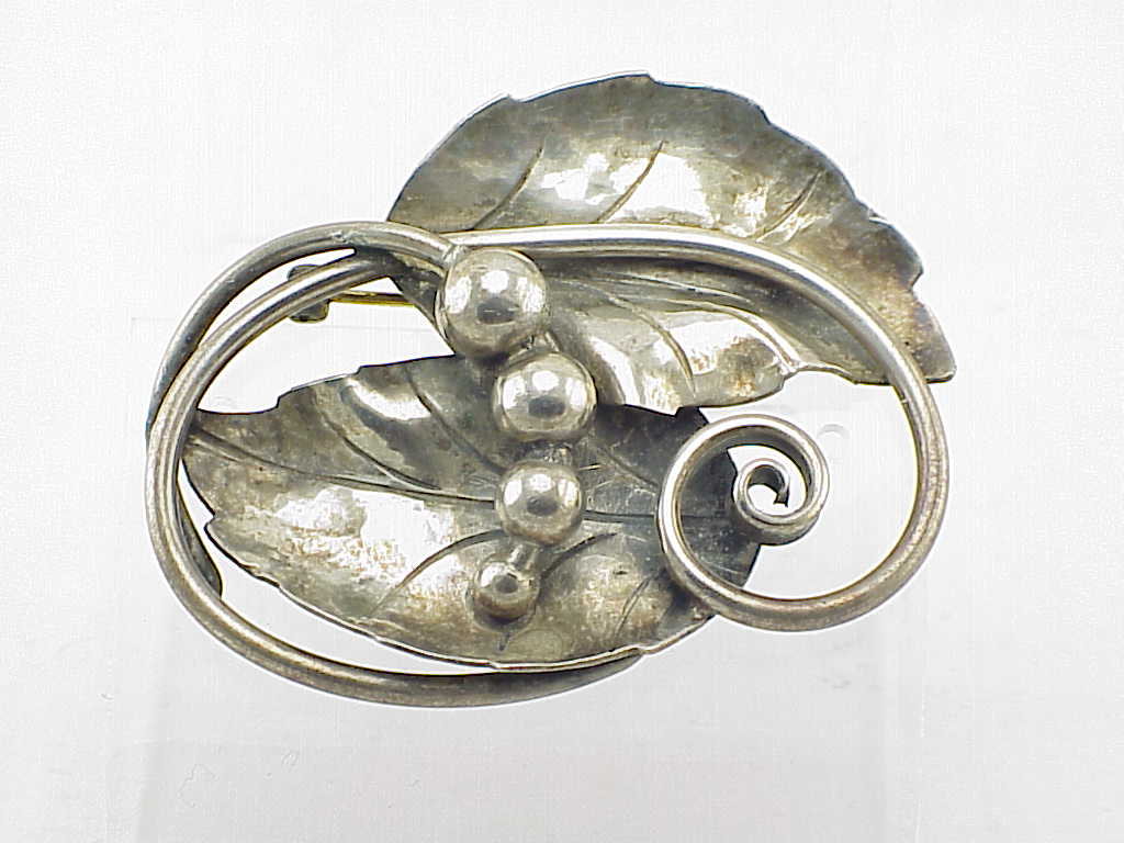 Vintage Georg Jensen Sterling Silver Leaf And Berry Brooch No. 108