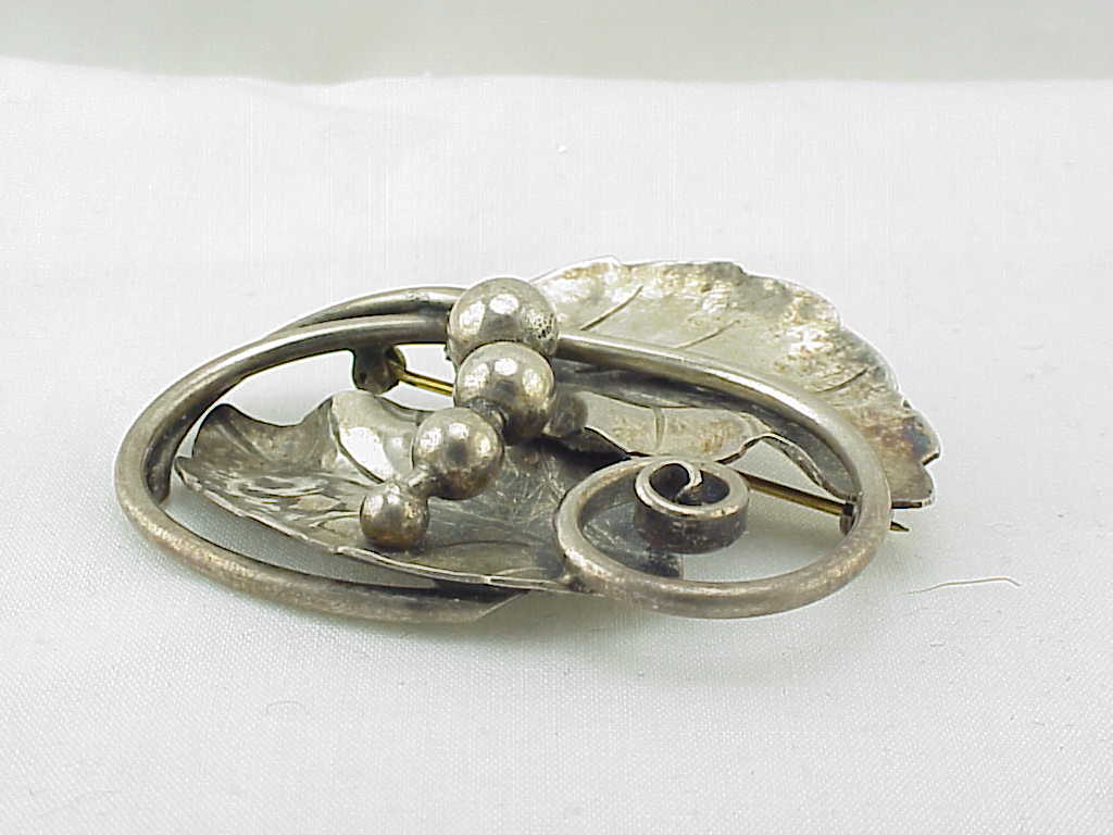 Vintage Georg Jensen Sterling Silver Leaf And Berry Brooch No. 108