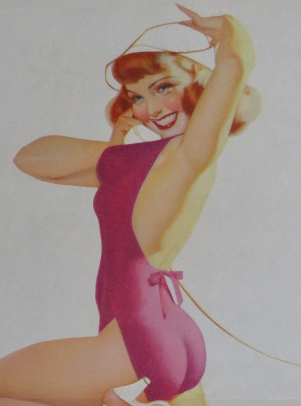 Original 1947 Sexy Pin Up Girl Wearing A Pink Bodysuit & White Hat While Talking On The Telephone By George Petty