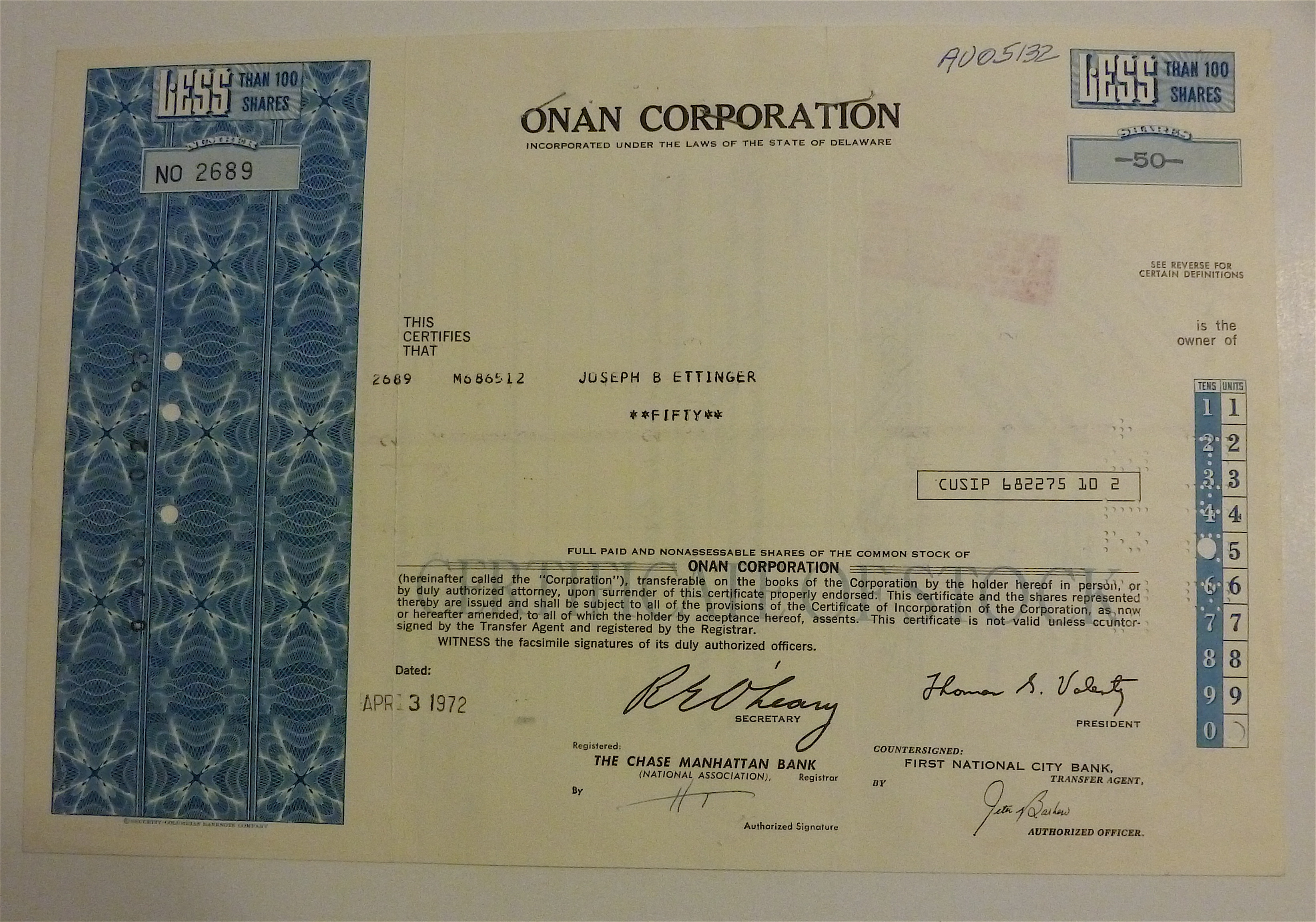 1972 Onan Corporation Stock Certificate