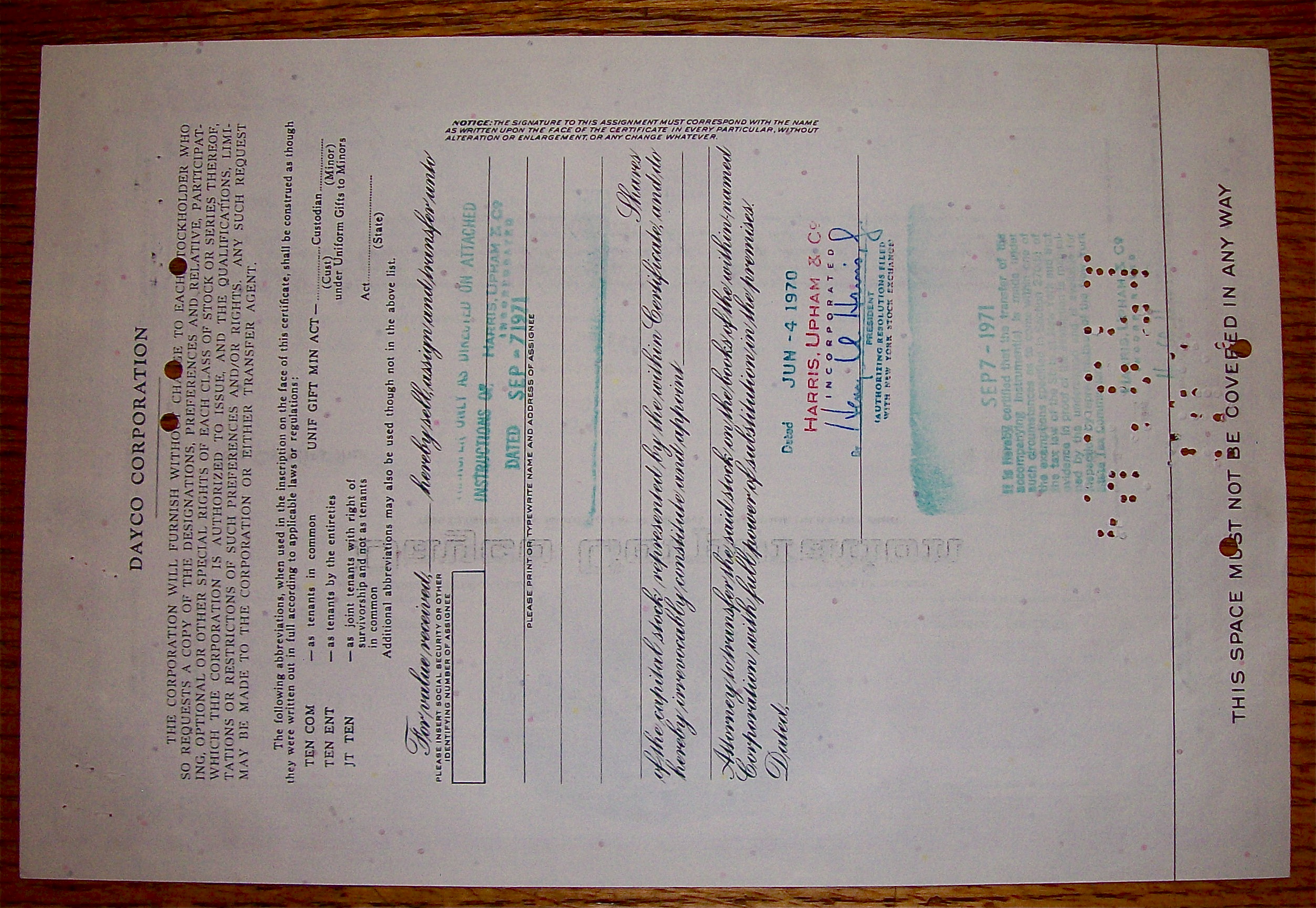 1970 Dayco Corporation Stock Certificate