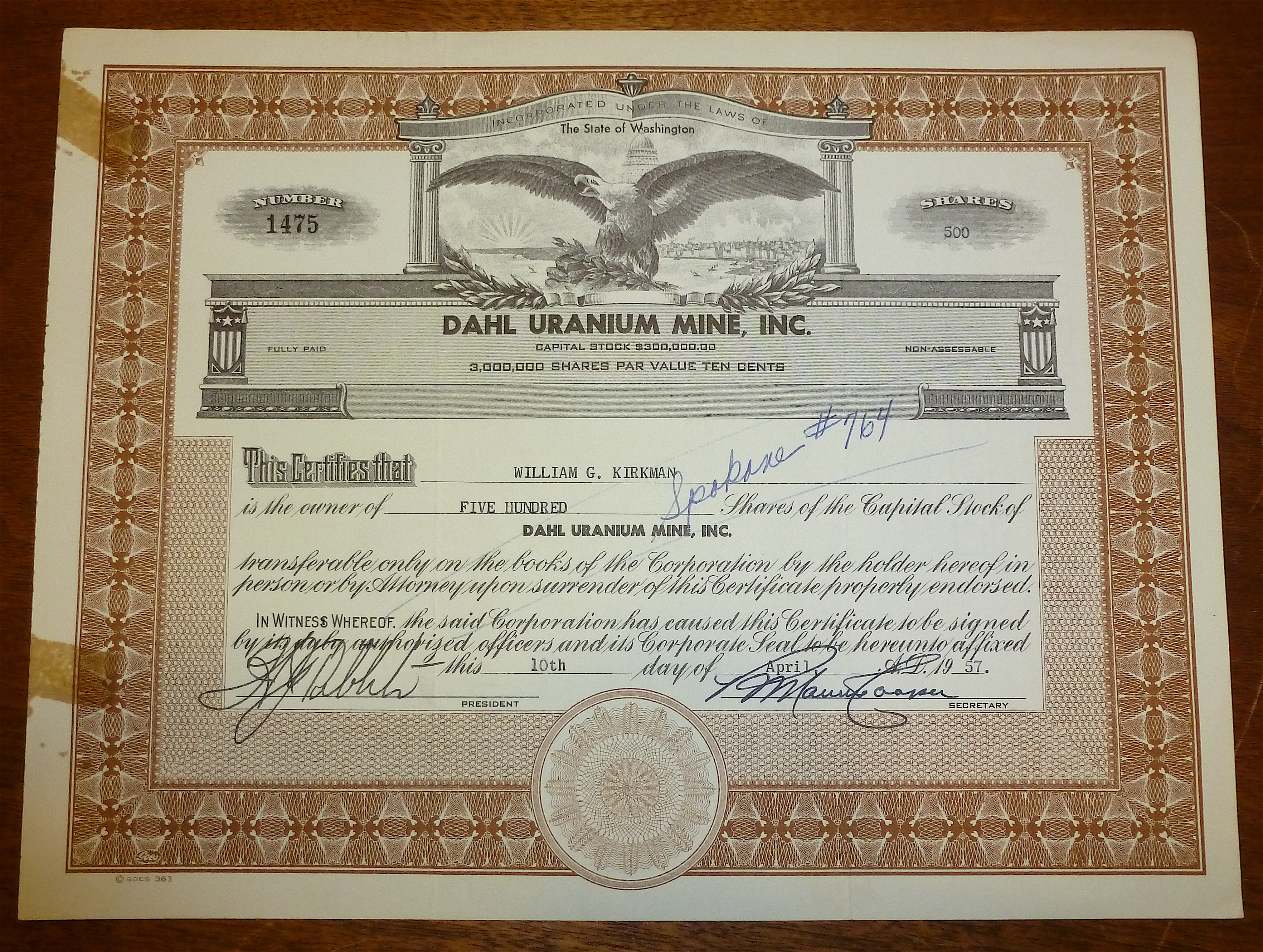 1957 Dahl Uranium Mine Inc. Stock Certificate