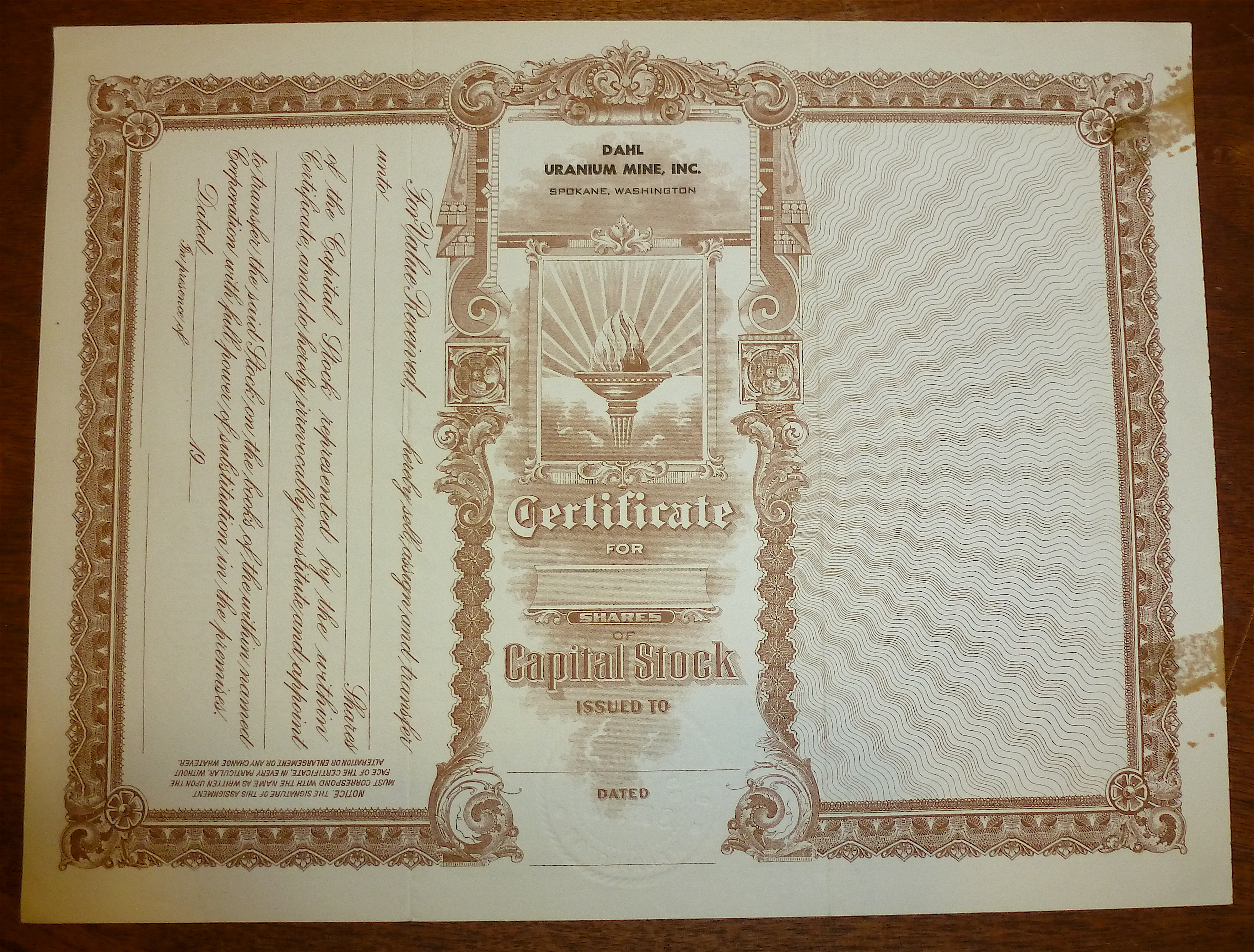 1957 Dahl Uranium Mine Inc. Stock Certificate