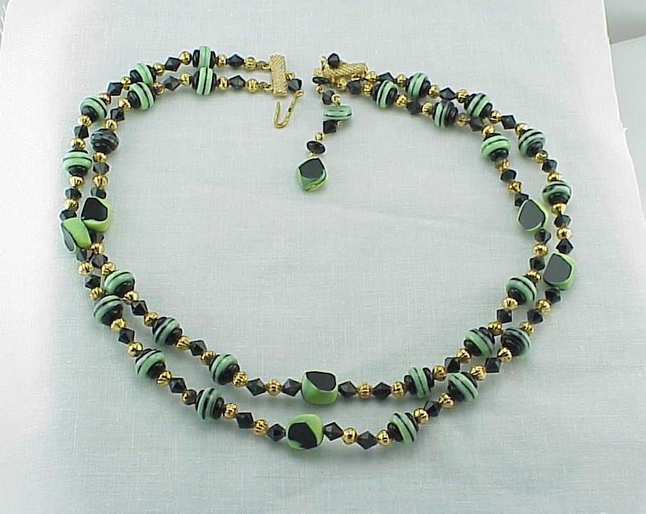 Vintage Art Deco 2 Strand Black And Green Art Glass Bead Necklace