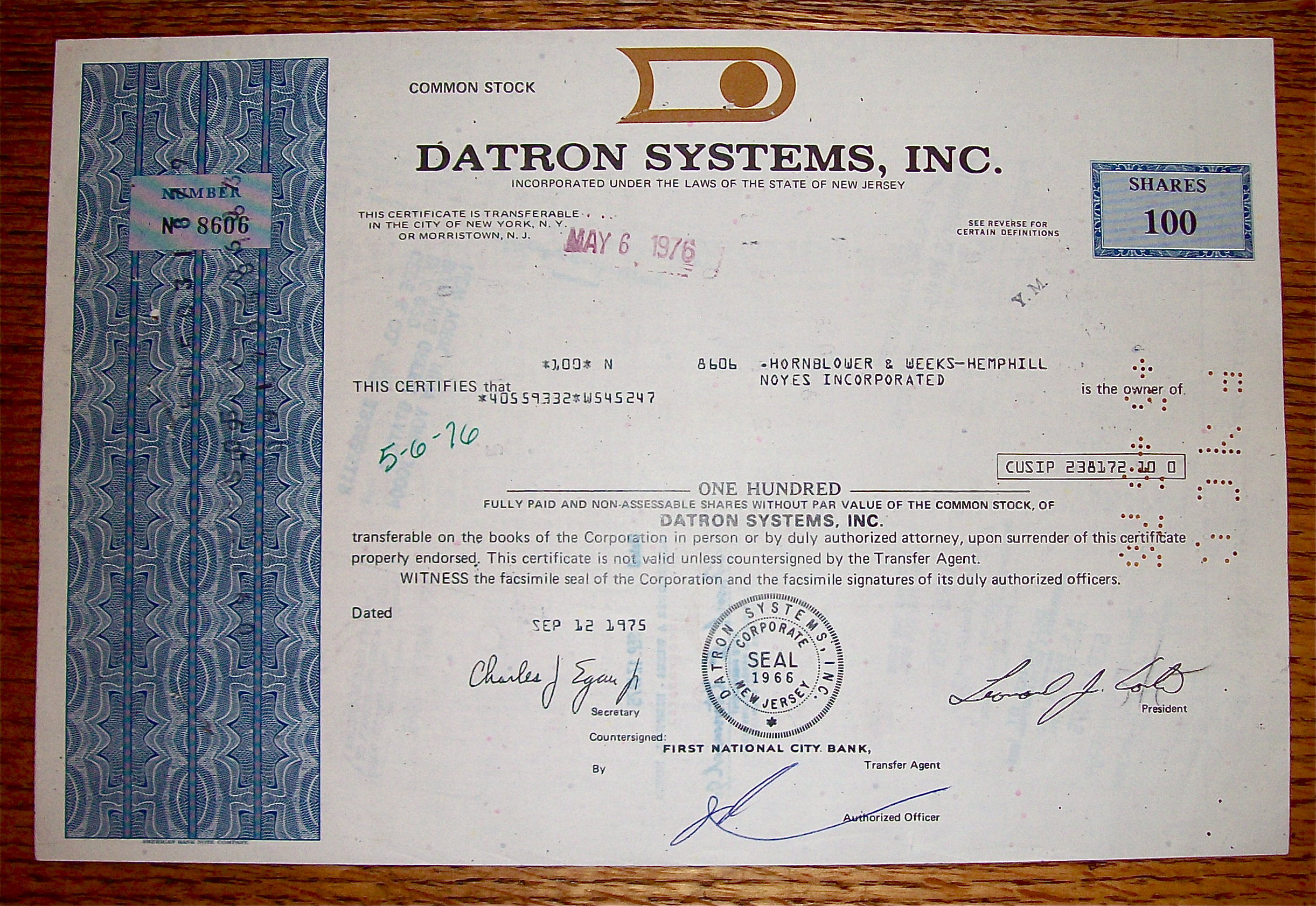 1975 Datron Systems Inc. Stock Certificate