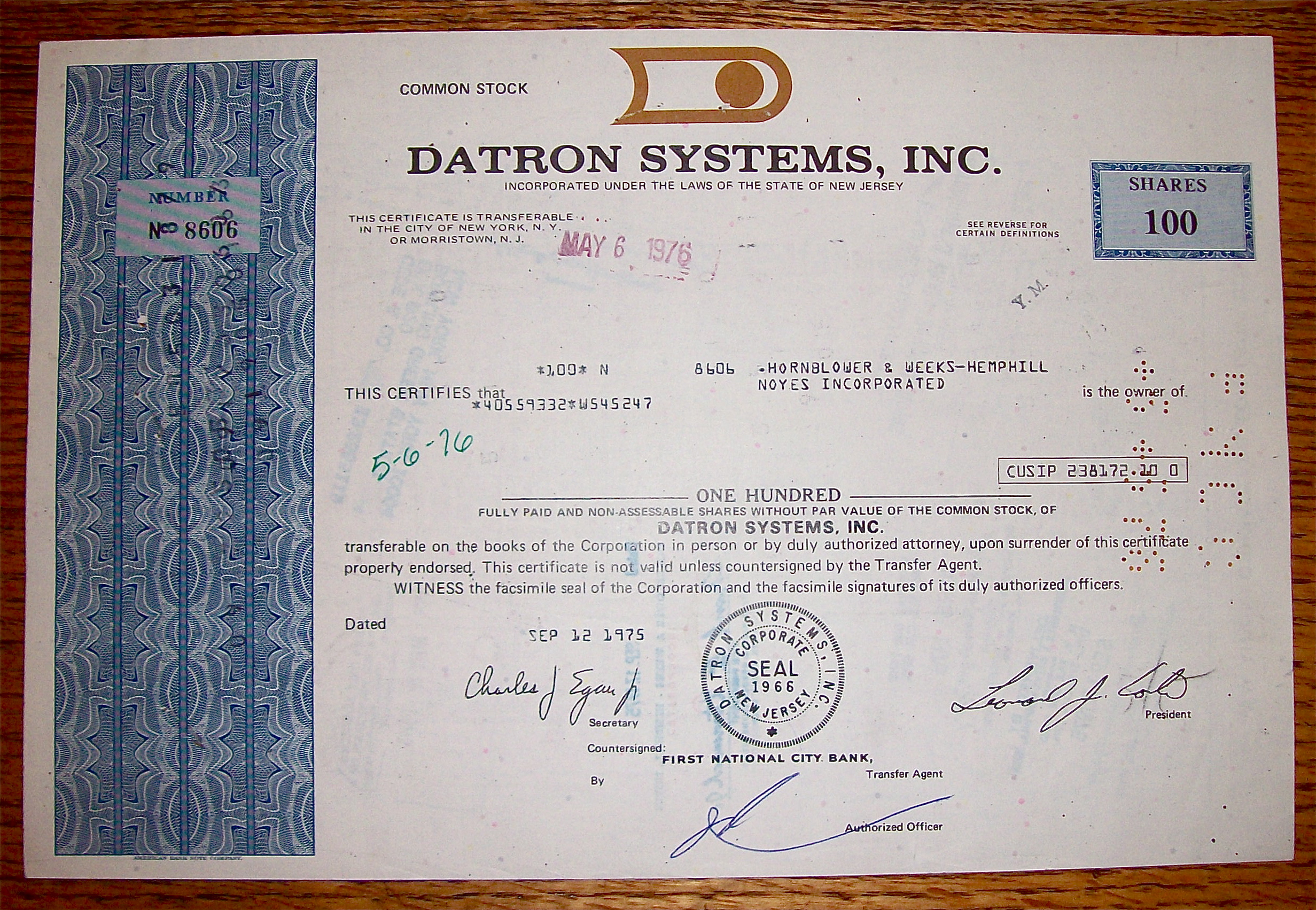 1975 Datron Systems Inc. Stock Certificate