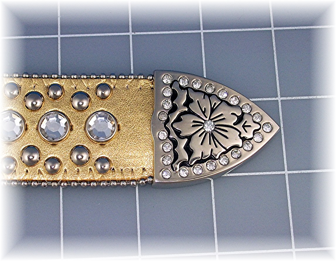 Gold Leather Crystal Fleur De Lis Belt