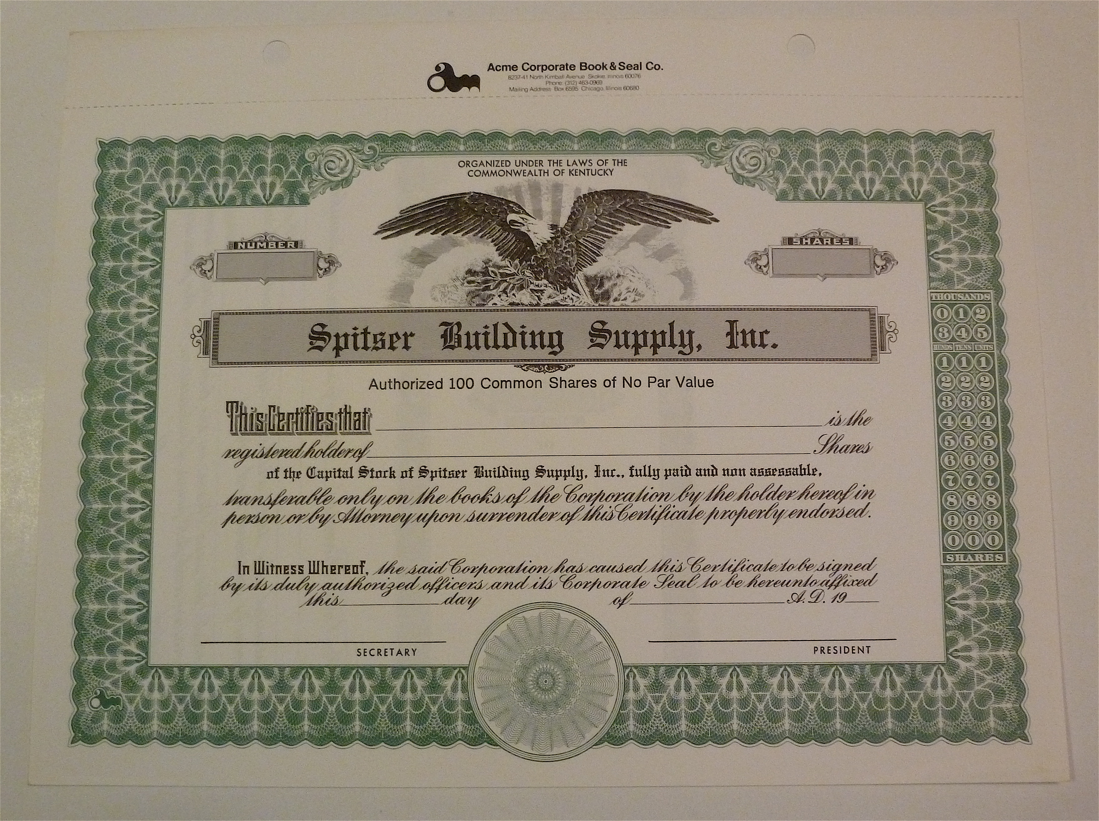 Spitser Building Supply Inc. Stock Certificate