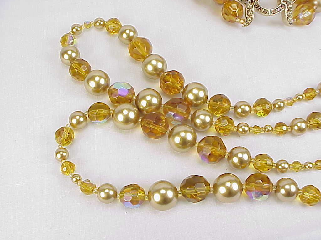 Long Amber Crystal And Faux Gold Pearl Necklace And Bracelet Set