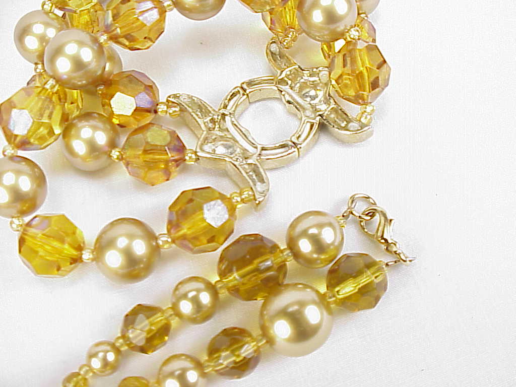 Long Amber Crystal And Faux Gold Pearl Necklace And Bracelet Set