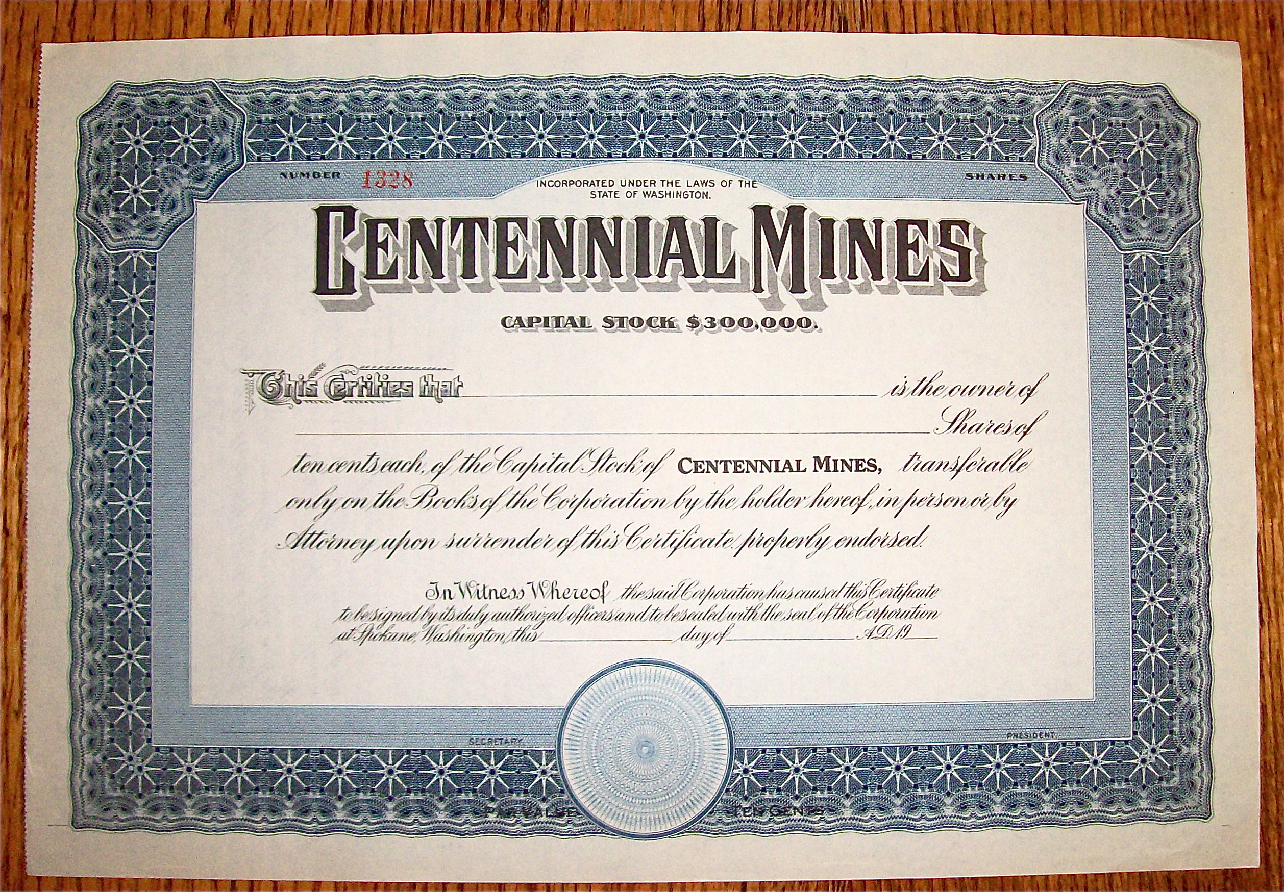 1920's Centennial Mines Stock Certificate