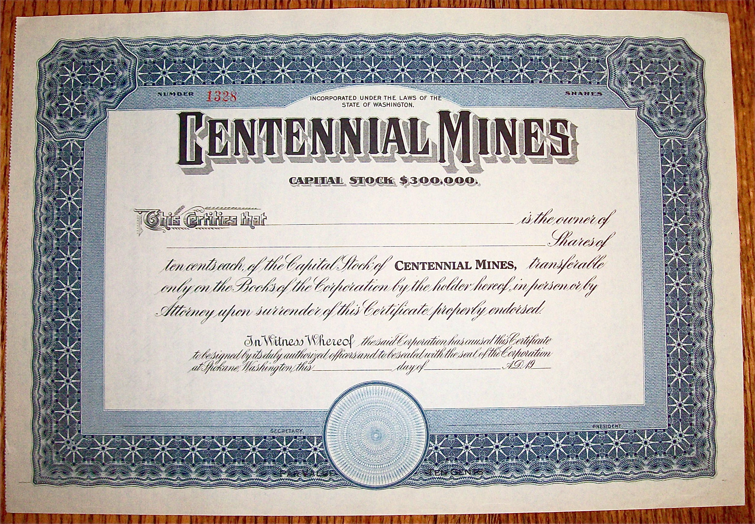 1920's Centennial Mines Stock Certificate