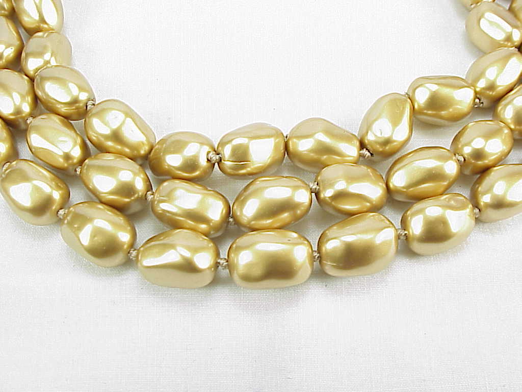 Chunky Three Strand Gold Faux Baroque Pearl Choker Necklace