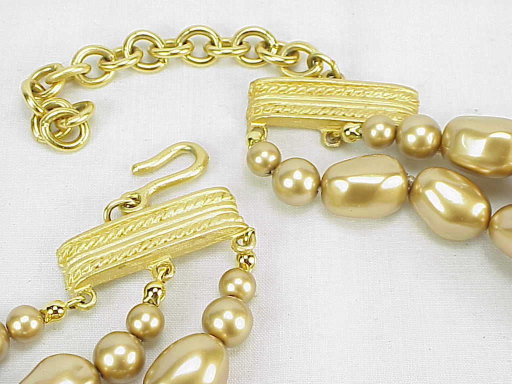 Chunky Three Strand Gold Faux Baroque Pearl Choker Necklace