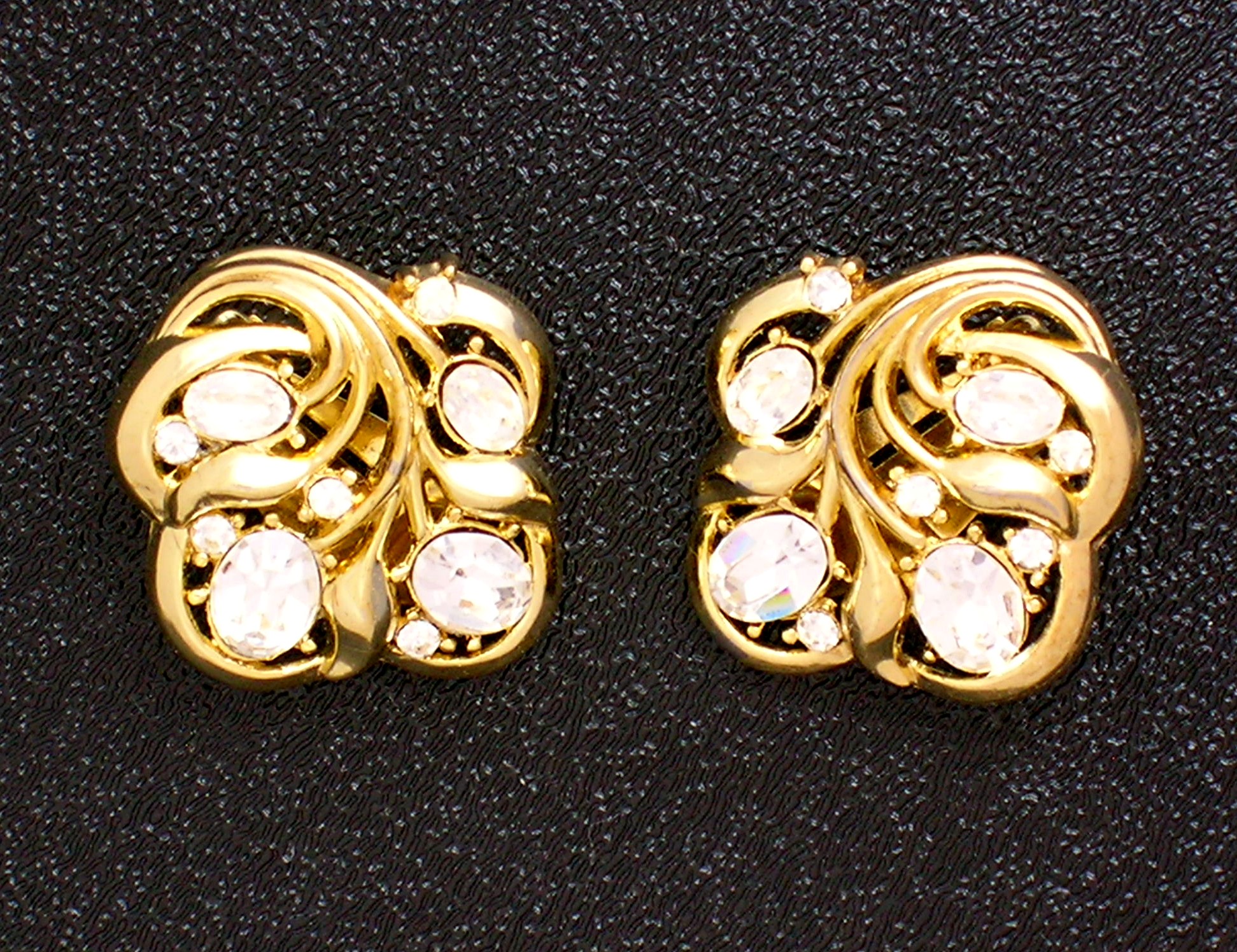 Crown Trifari Gold and Crystal Clip Earrings