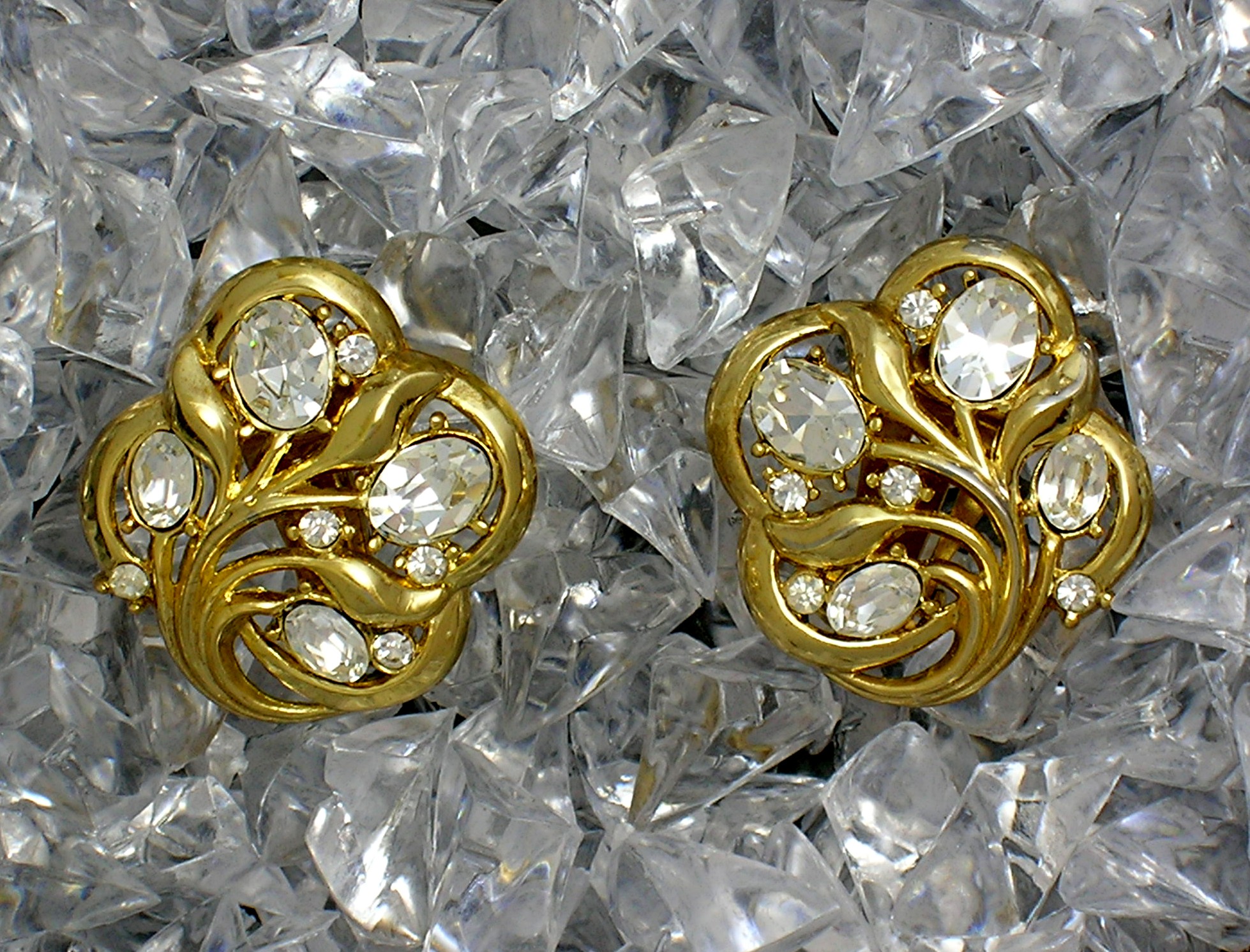 Crown Trifari Gold and Crystal Clip Earrings