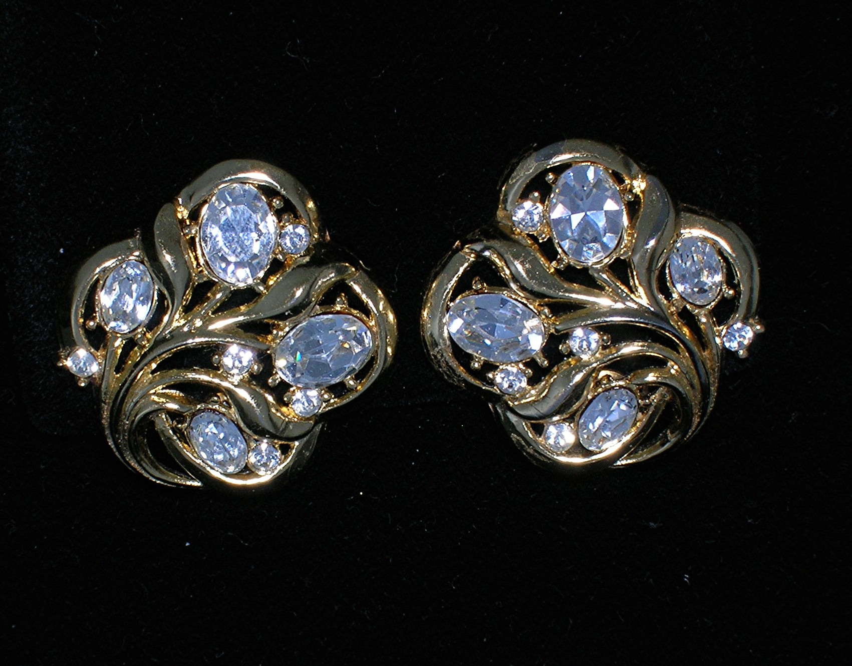 Crown Trifari Gold and Crystal Clip Earrings