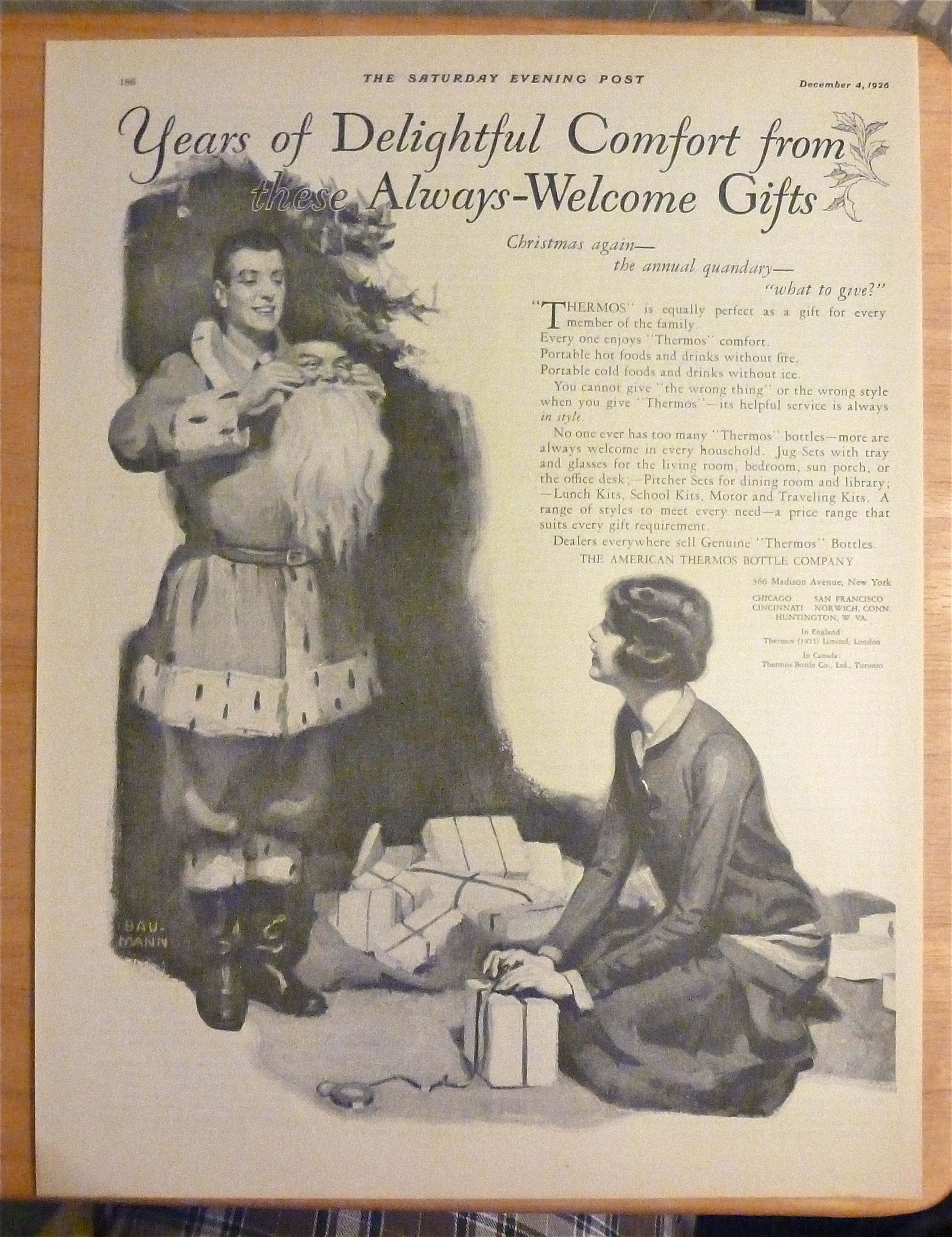 1926 American Thermos Bottle with Man Dressed as Santa