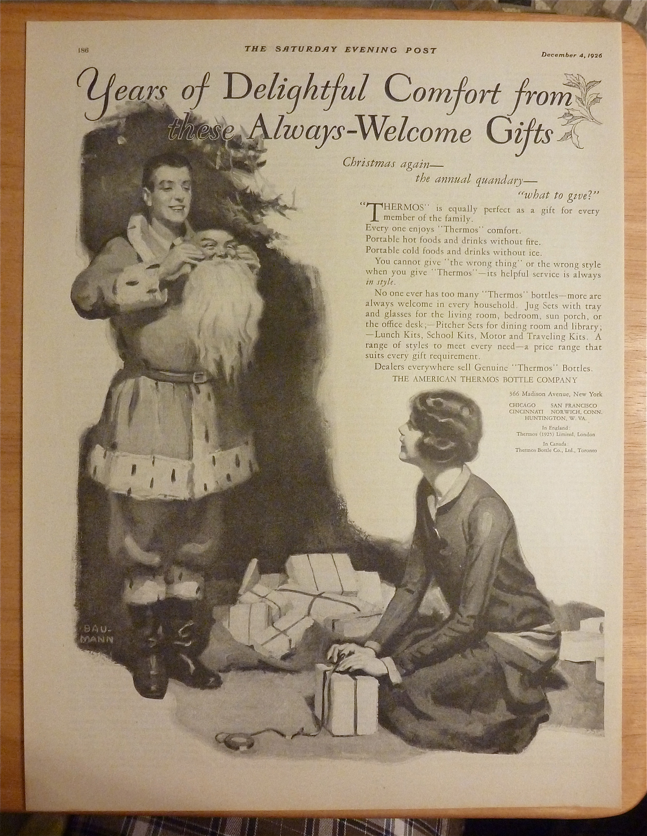 1926 American Thermos Bottle with Man Dressed as Santa