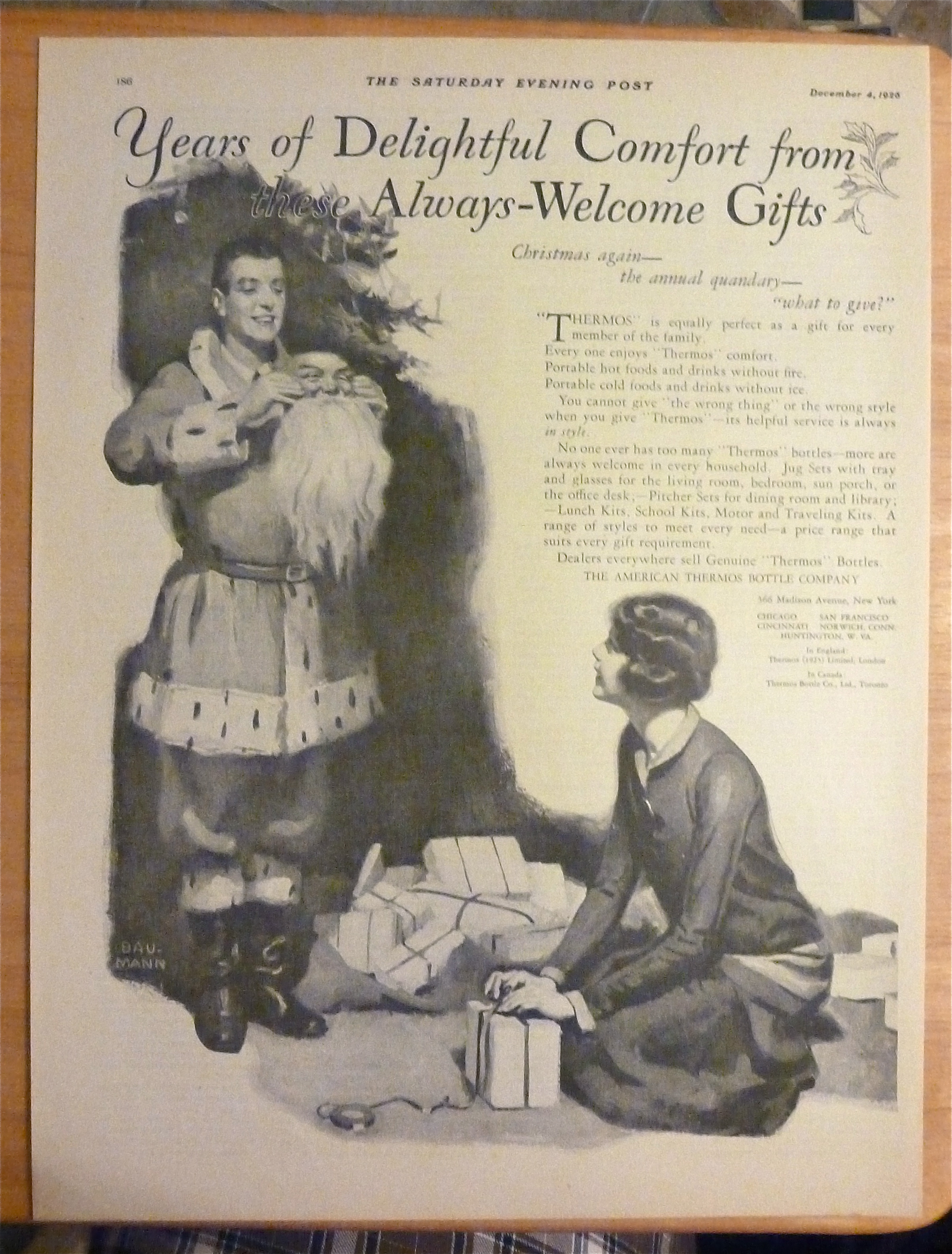 1926 American Thermos Bottle with Man Dressed as Santa