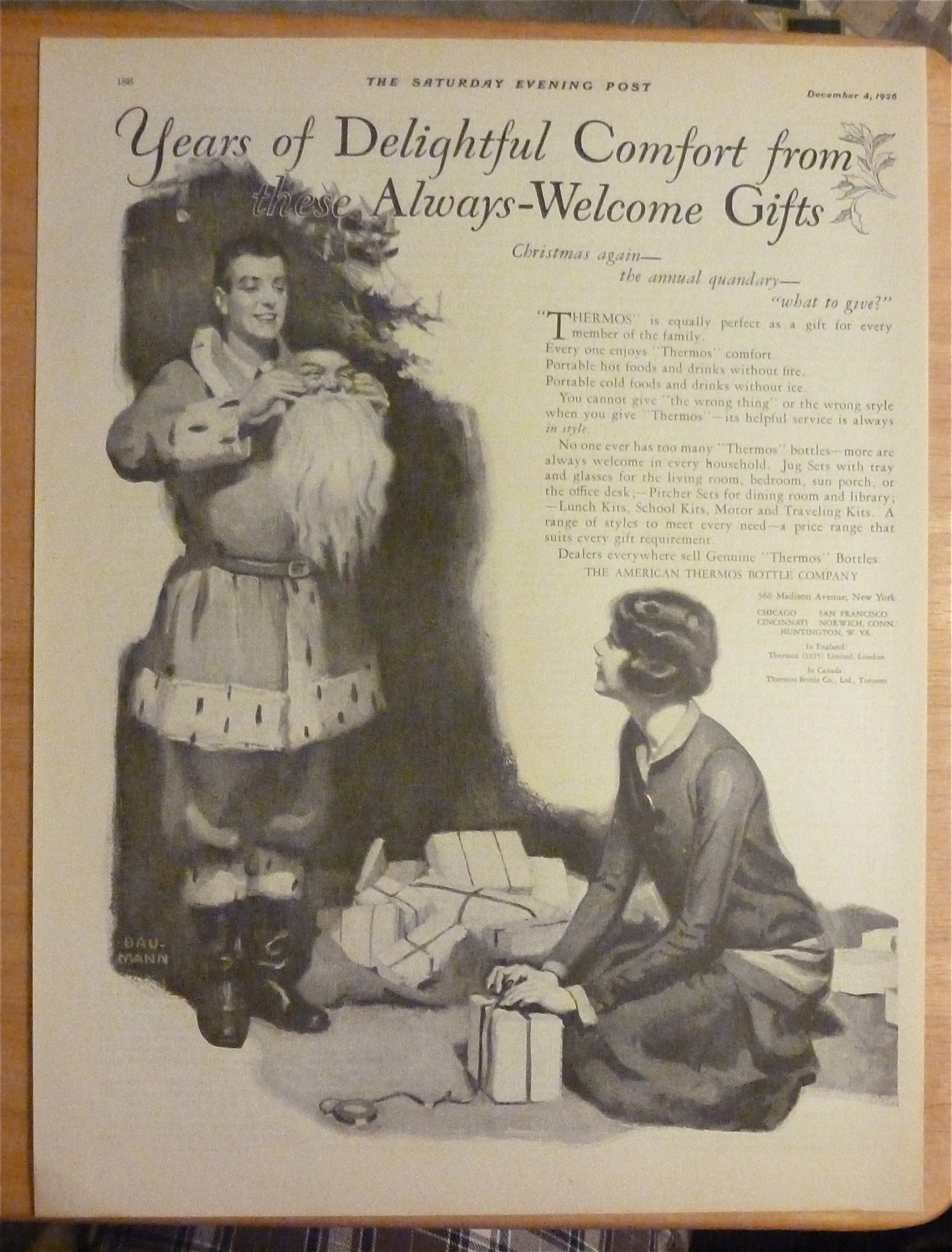 1926 American Thermos Bottle with Man Dressed as Santa