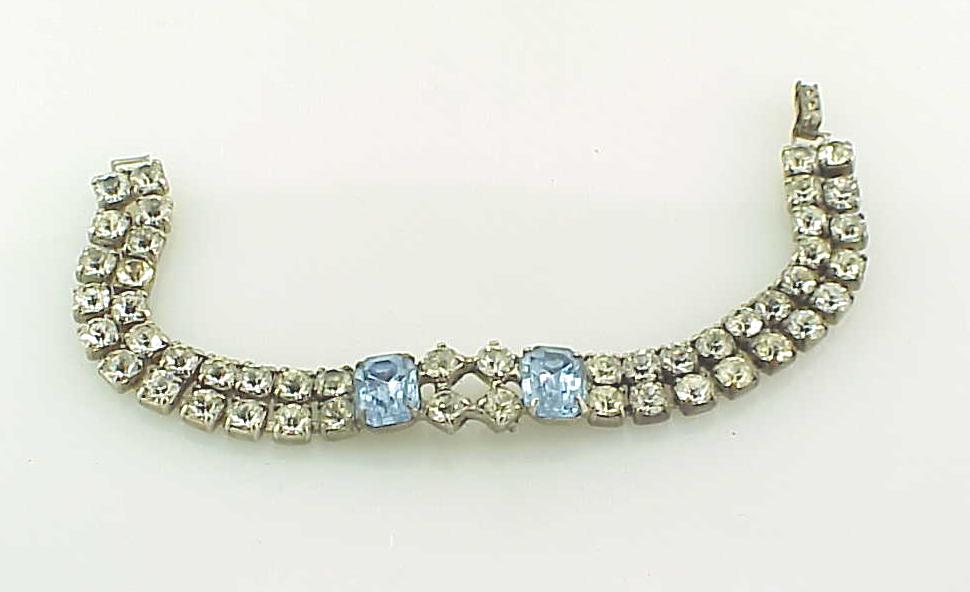 Vintage Double Row Blue And Clear Rhinestone Bracelet