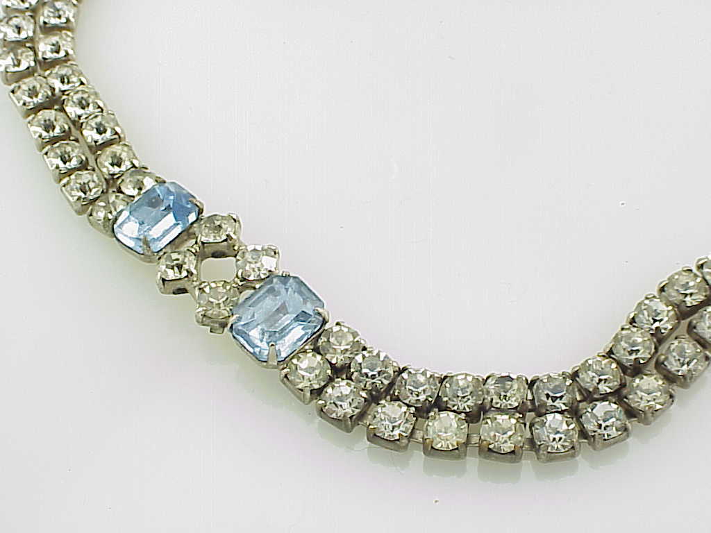 Vintage Double Row Blue And Clear Rhinestone Bracelet