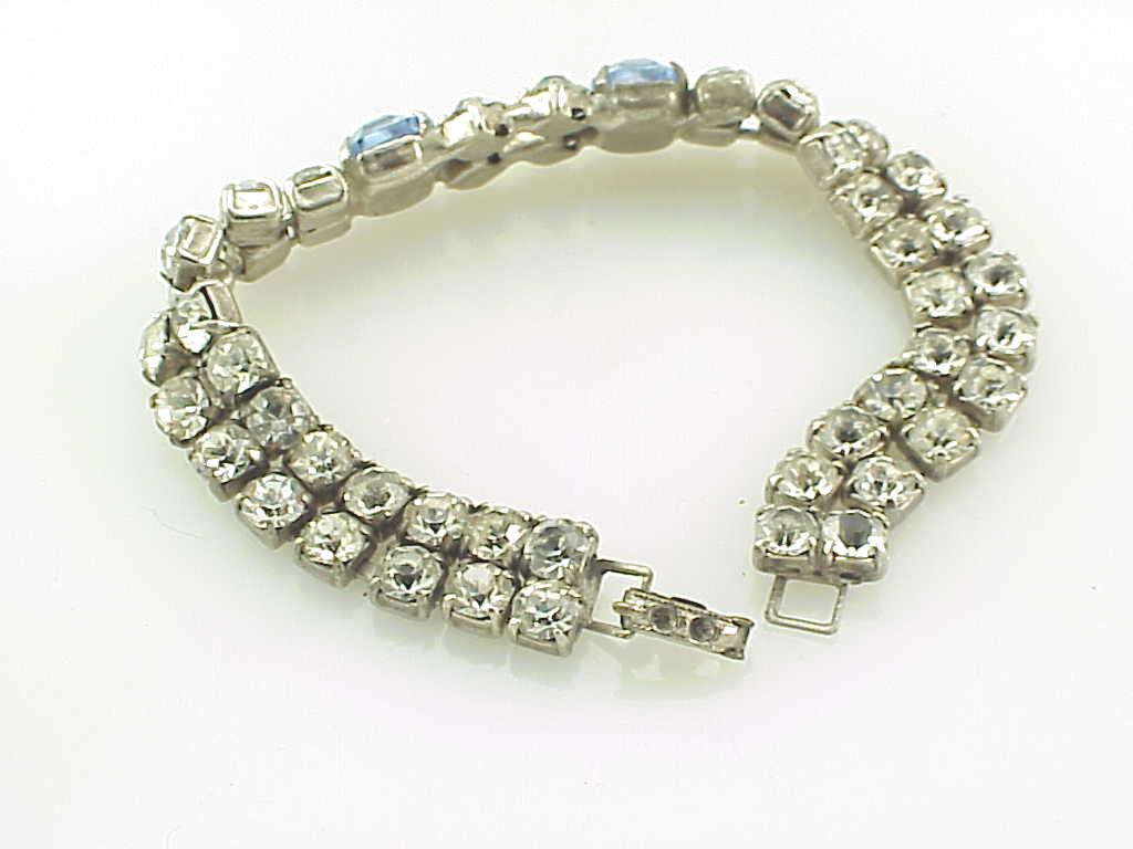 Vintage Double Row Blue And Clear Rhinestone Bracelet