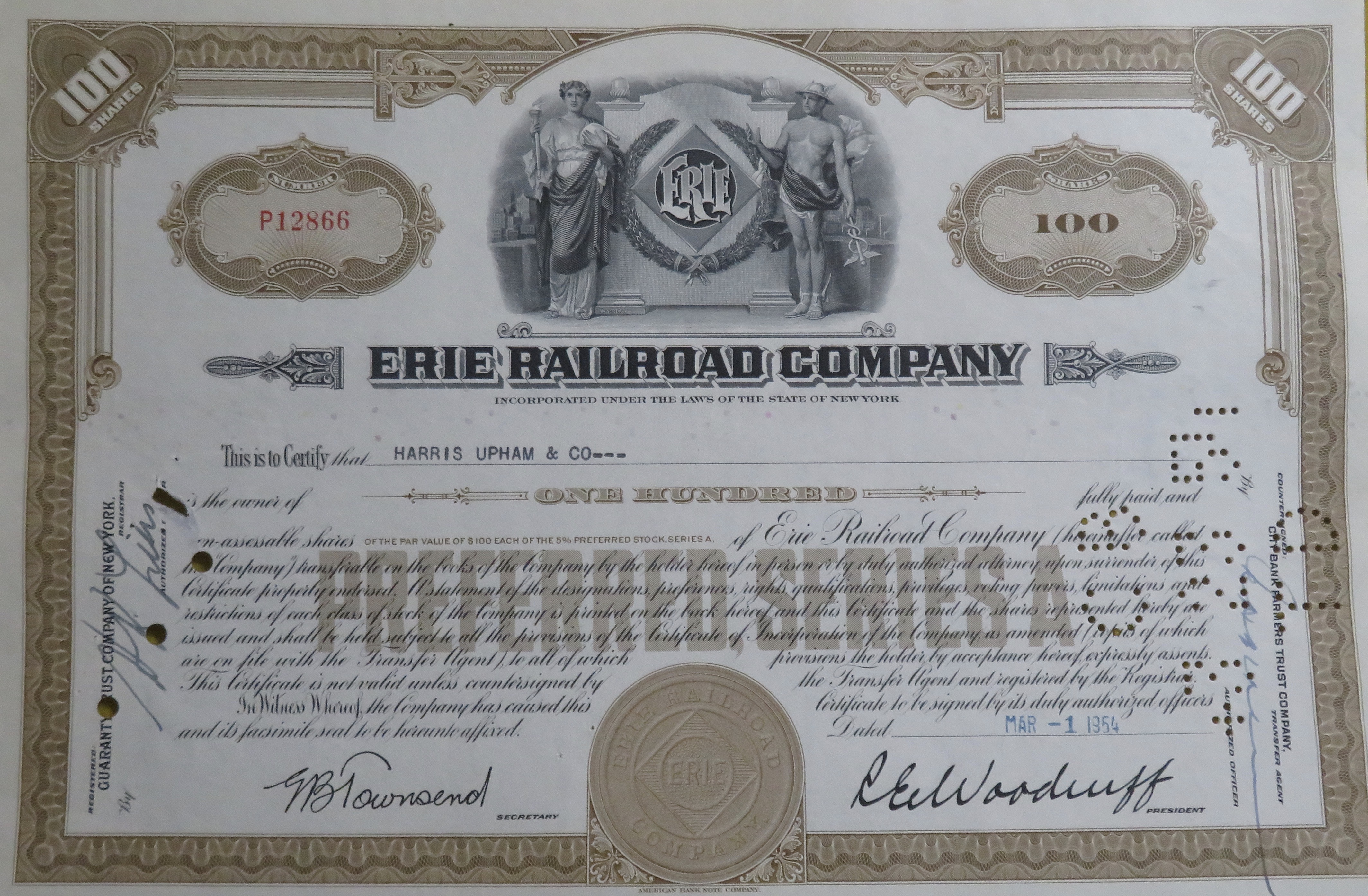 Erie Railroad Company Stock Certificate March 1, 1954