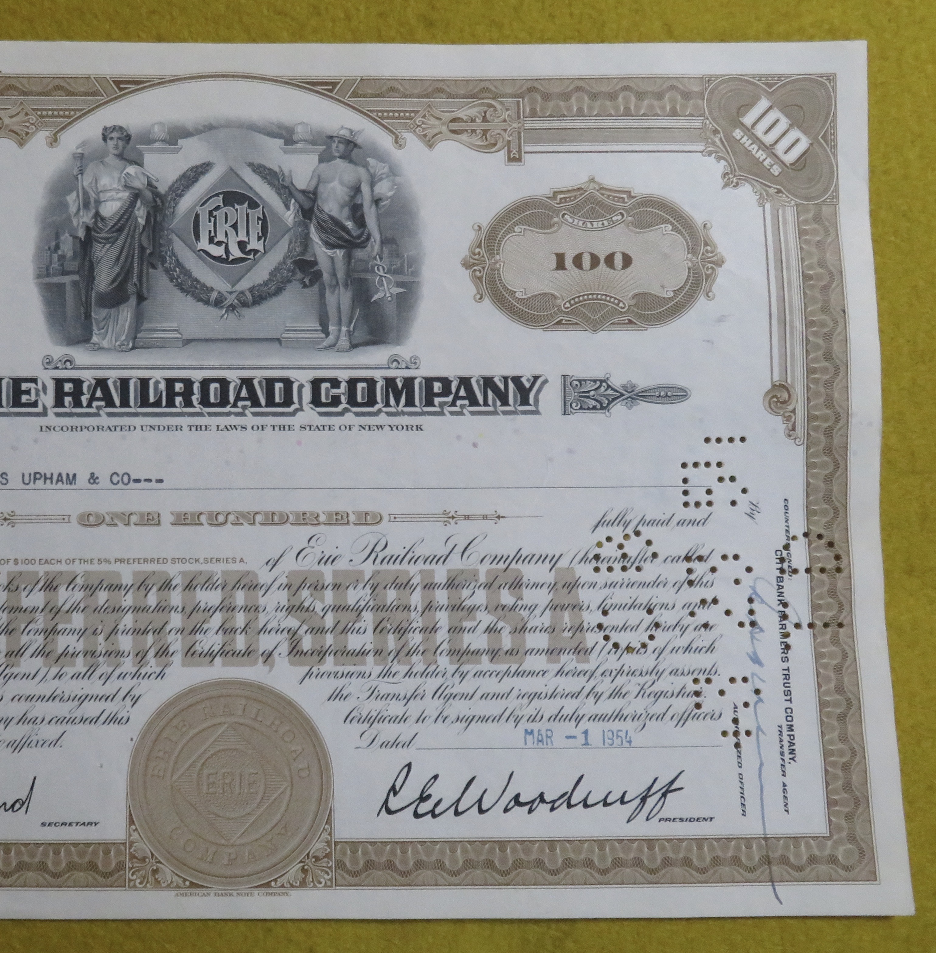 Erie Railroad Company Stock Certificate March 1, 1954