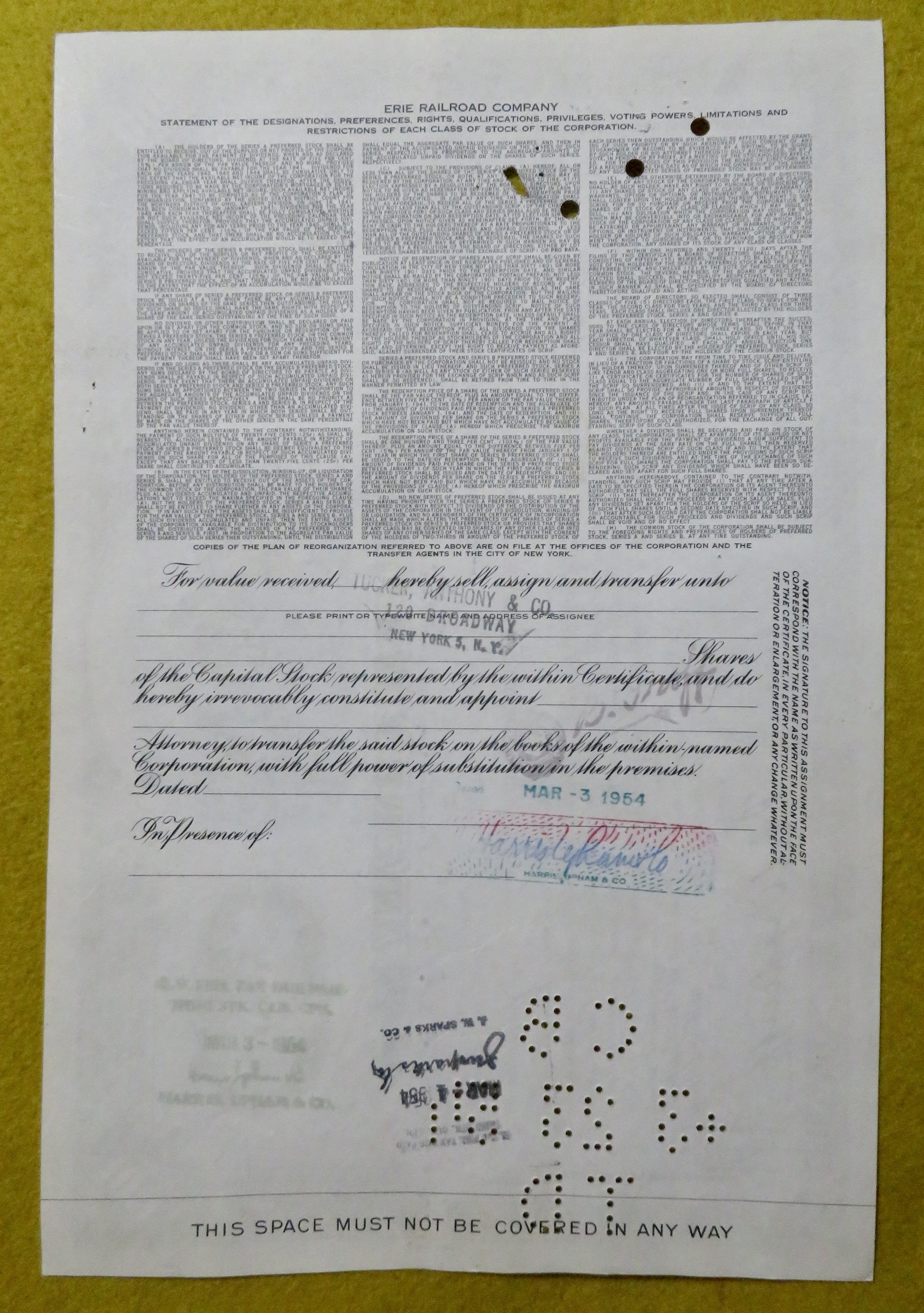 Erie Railroad Company Stock Certificate March 1, 1954