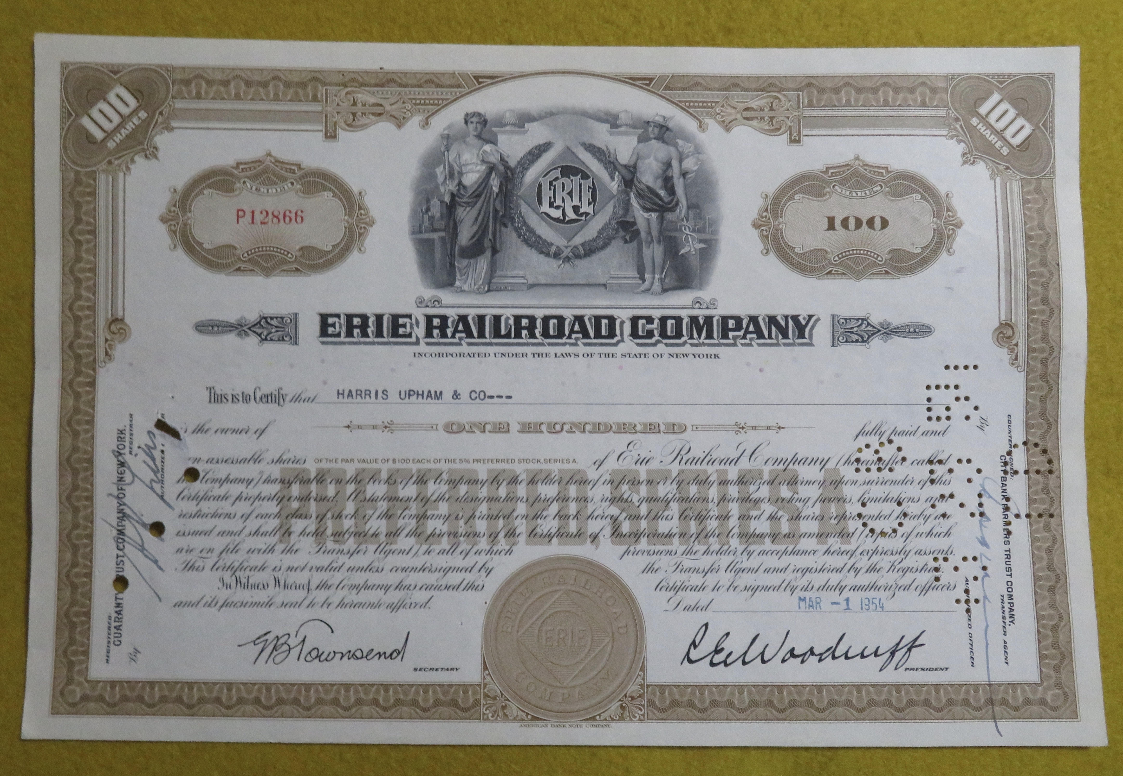 Erie Railroad Company Stock Certificate March 1, 1954