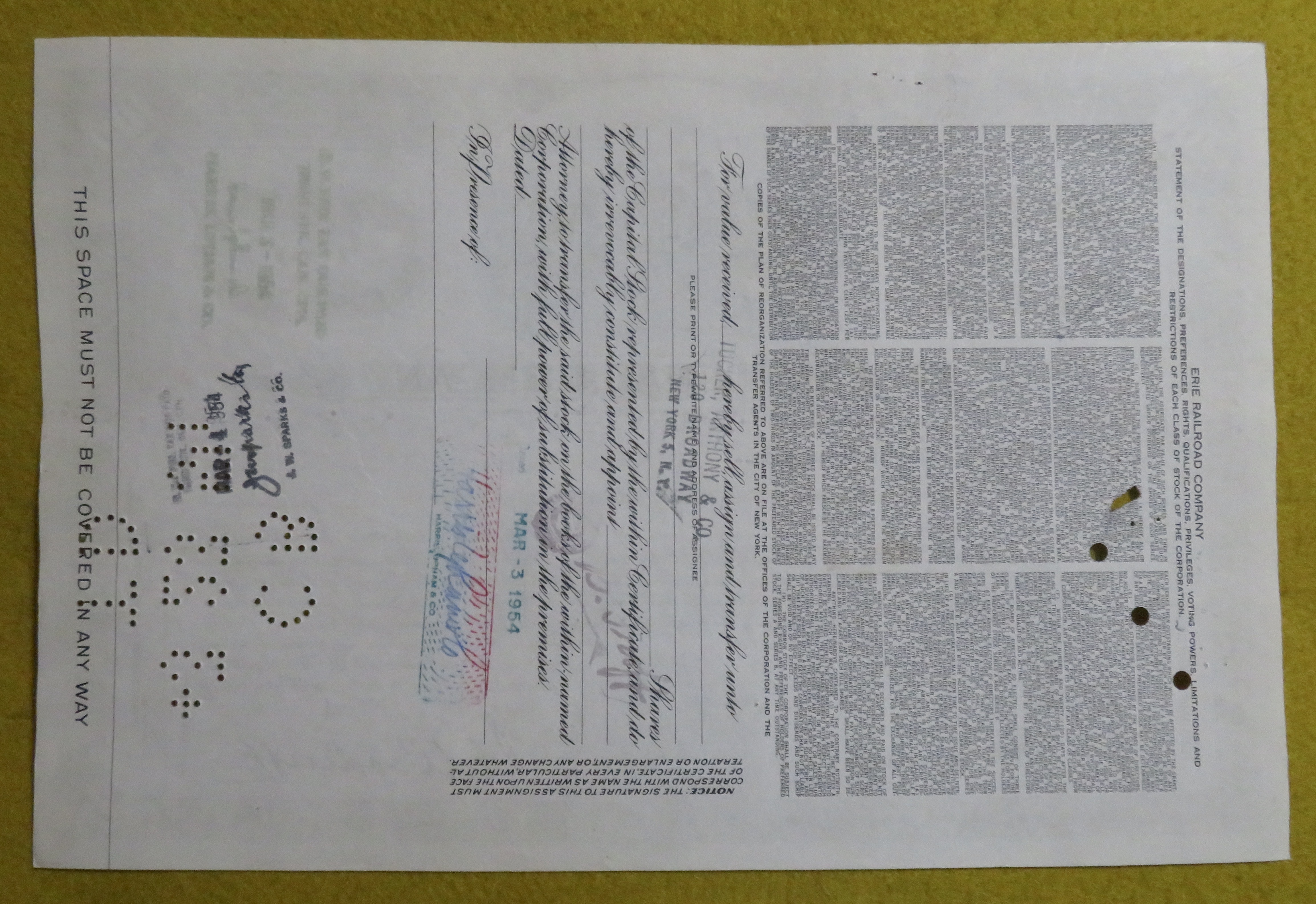 Erie Railroad Company Stock Certificate March 1, 1954