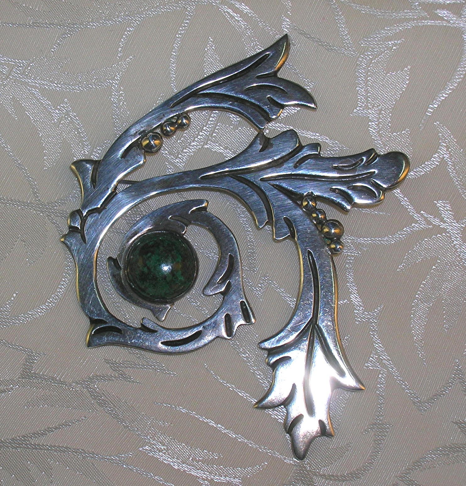 Vintage Sterling Silver 980 TAXCO Malachite Brooch