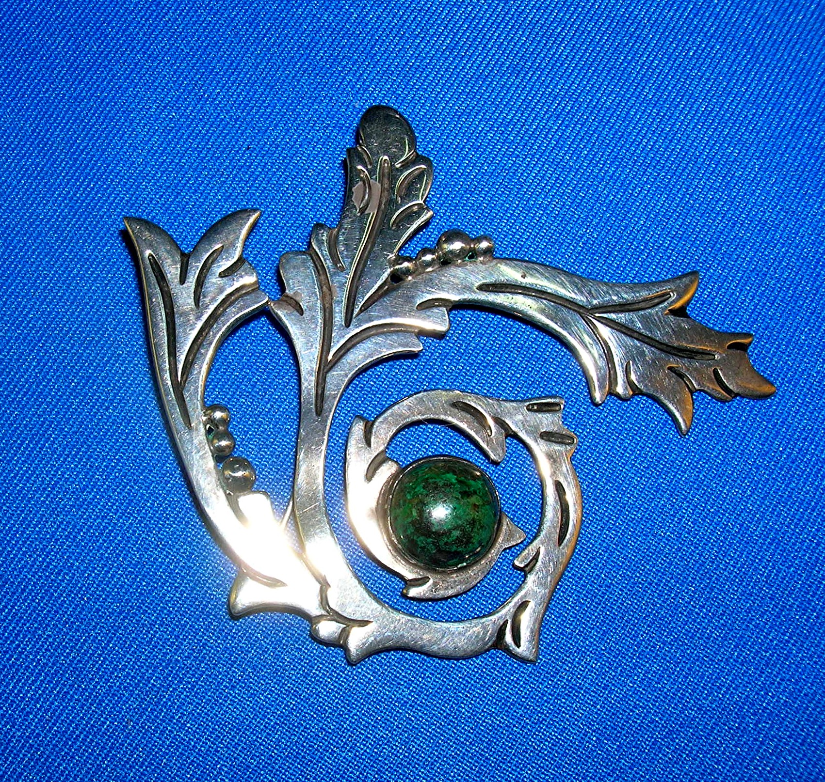 Vintage Sterling Silver 980 TAXCO Malachite Brooch