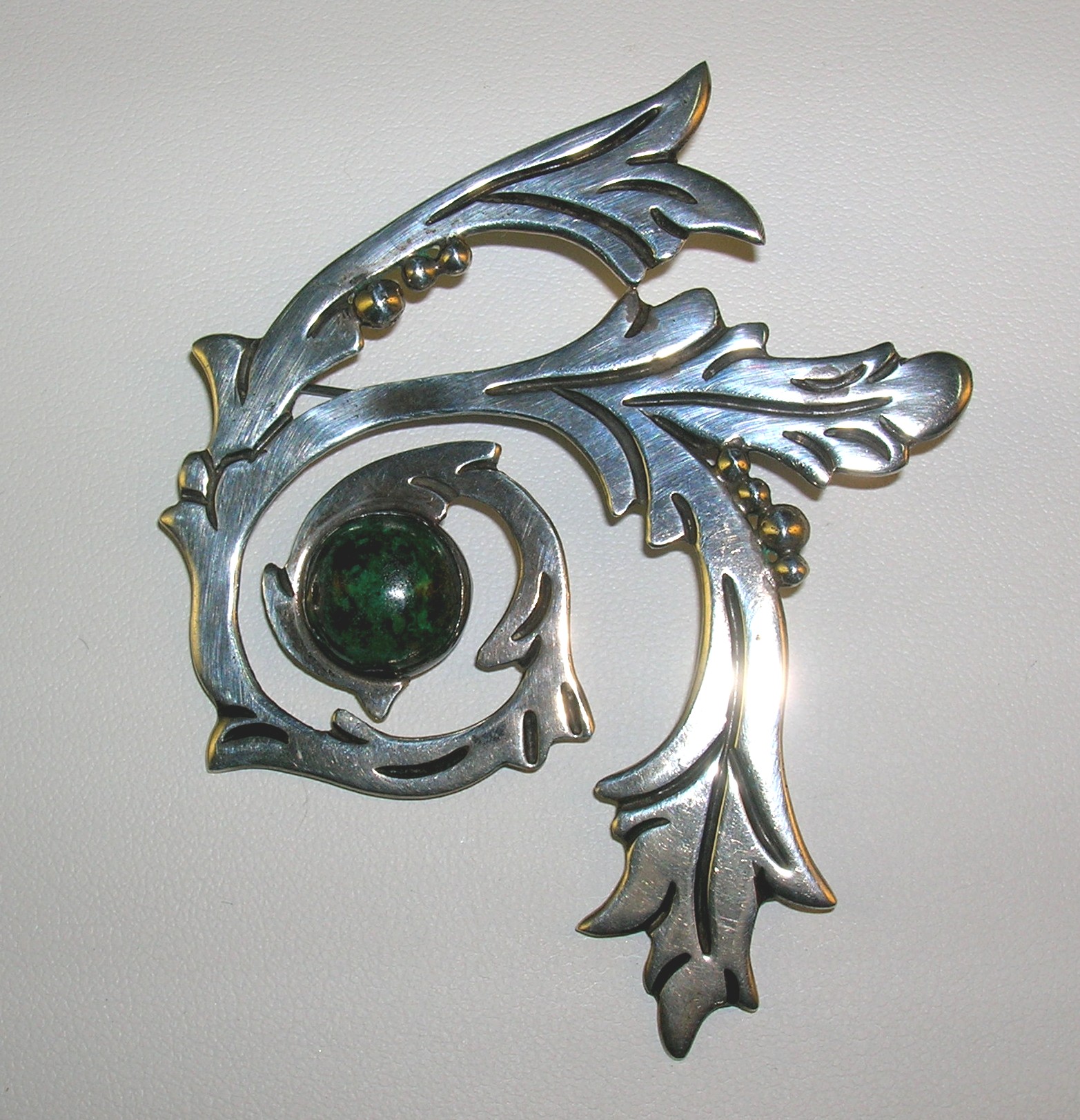 Vintage Sterling Silver 980 TAXCO Malachite Brooch