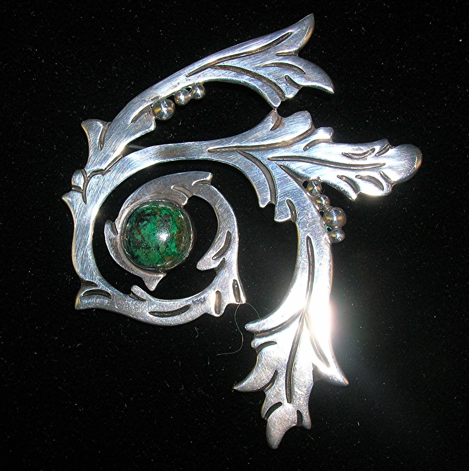 Vintage Sterling Silver 980 TAXCO Malachite Brooch