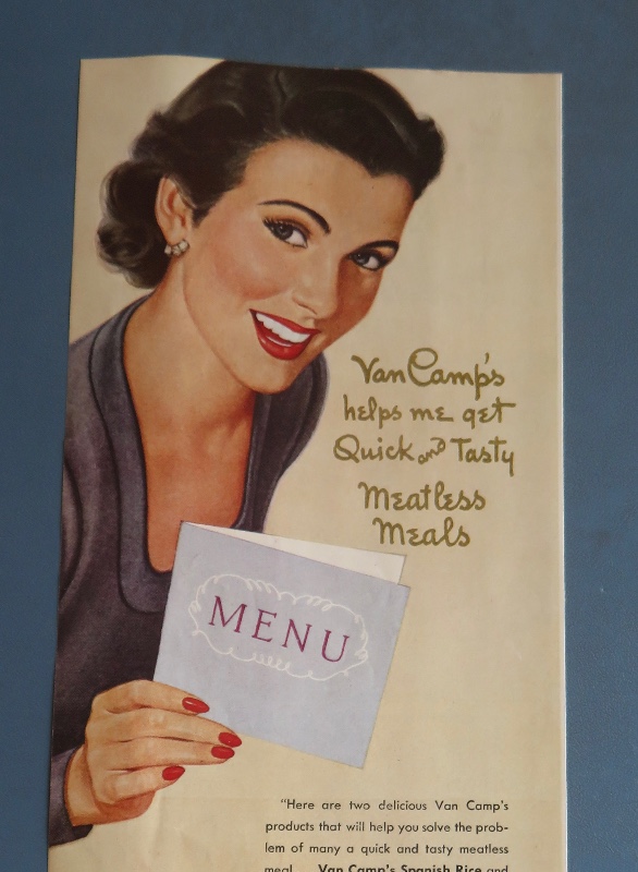 1951 Van Camp's Spanish Rice & Tenderoni with Woman Holding a Menu