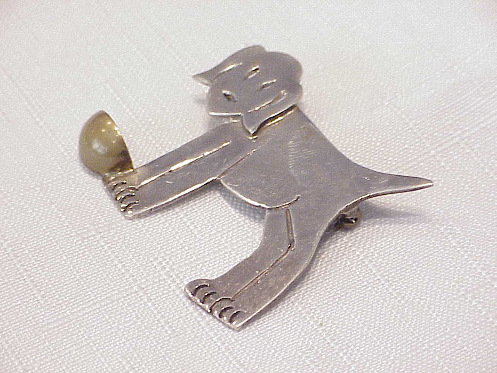 Mexican Sterling Silver And Brass Puppy Dog With Bowl Brooch