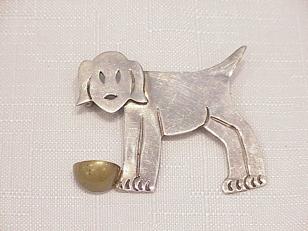 Mexican Sterling Silver And Brass Puppy Dog With Bowl Brooch